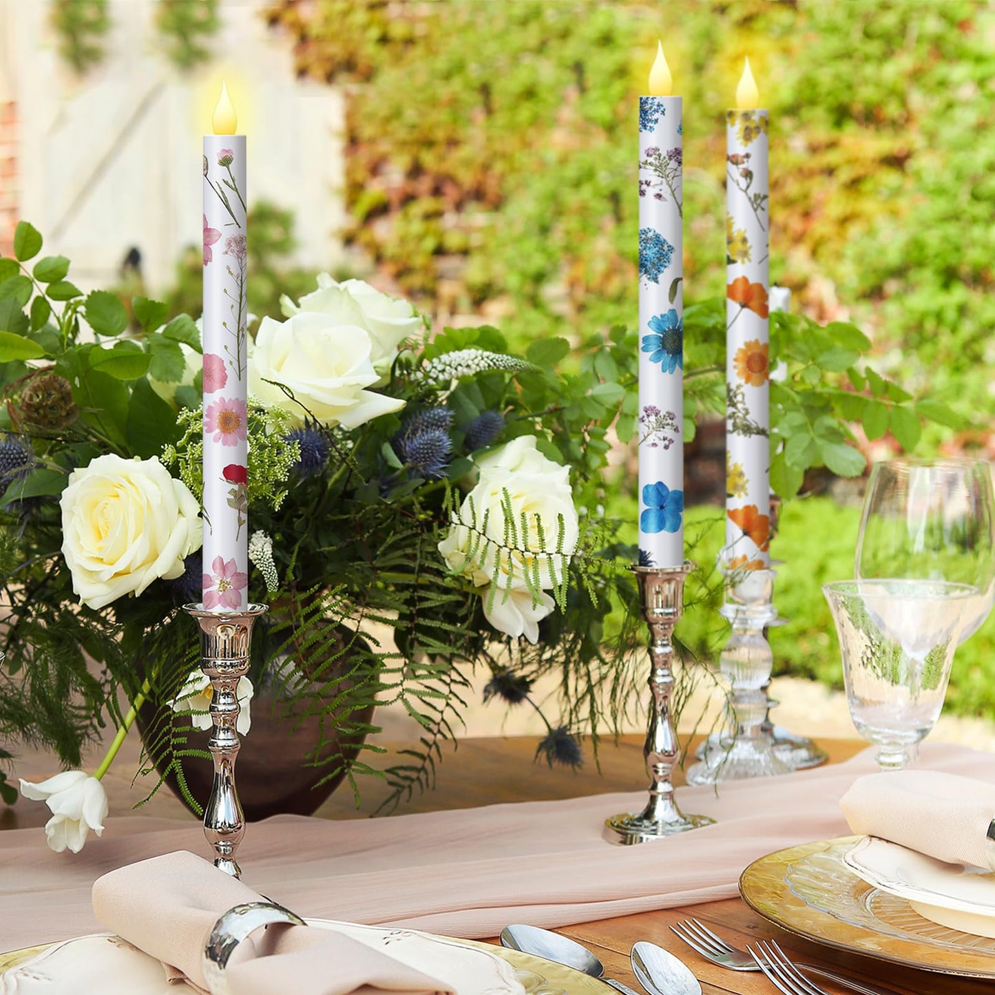 Nuanchu 6 Pcs Flower Flameless Candles 10. 6 '' LED Pressed Floral Pastel Taper Candle Battery Operated Flameless Taper Candlestick Dried Flower Candlestick for Home Wedding Summer Garden Party Decor