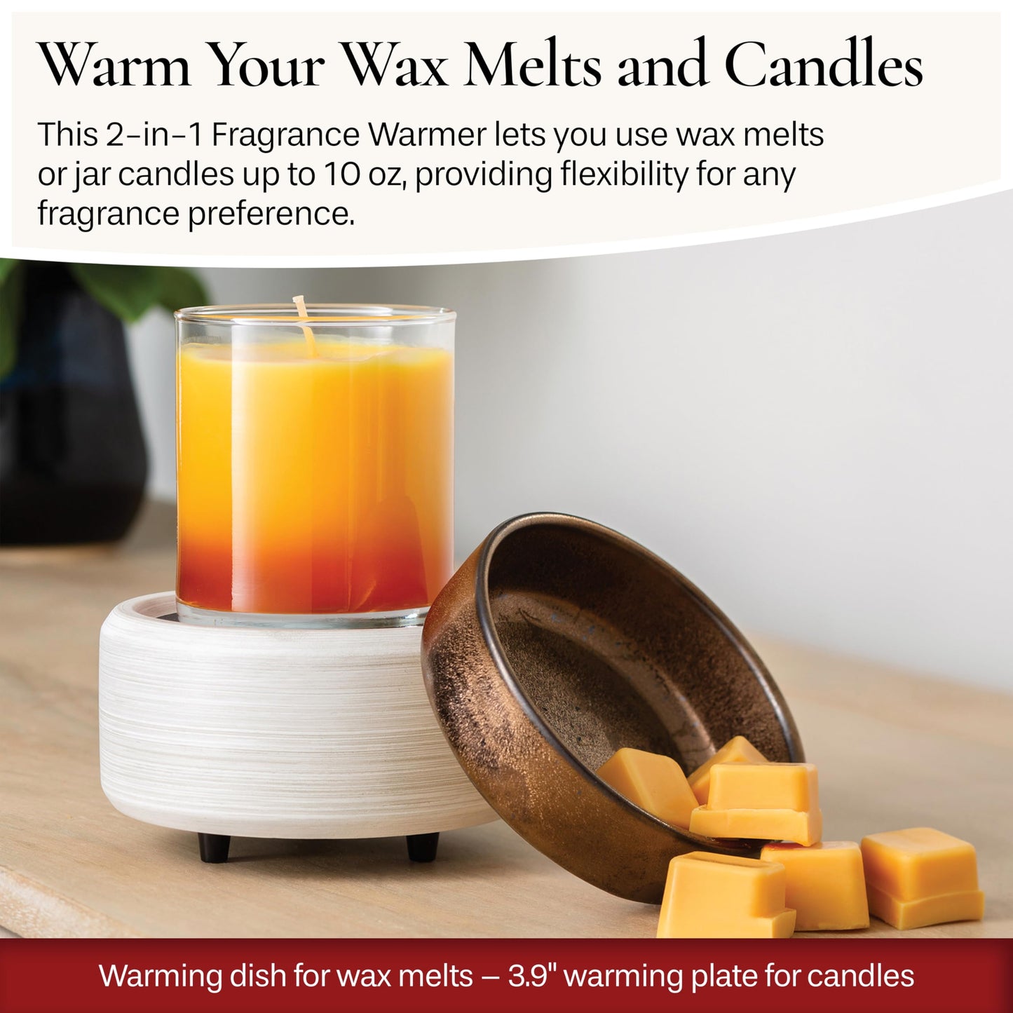 Candle Warmers ETC 2-in-1 Candle and Fragrance Warmer for Warming Scented Candles or Wax Melts and Tarts with to Freshen Room, Whitewashed Bronze