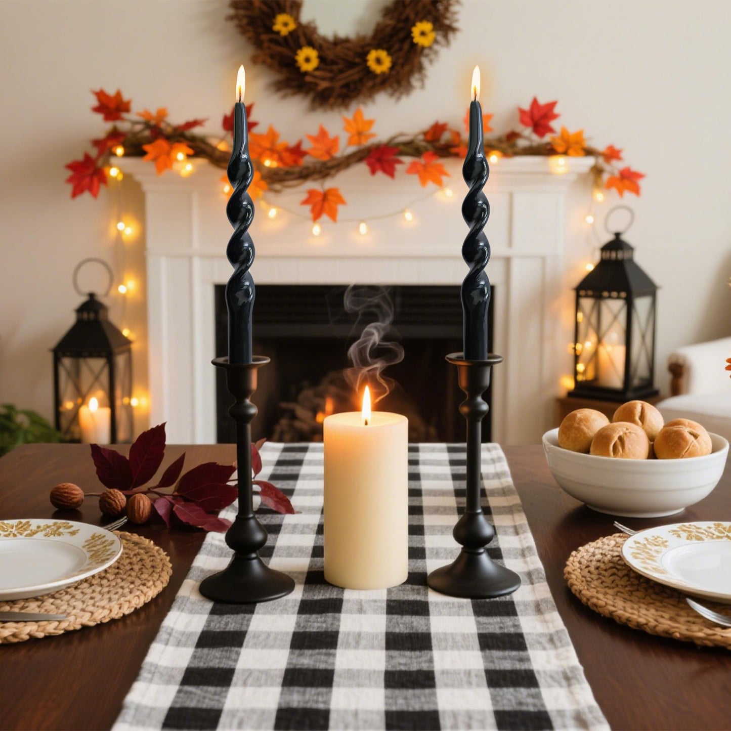NJAO HOO 10 Inch Black Spiral Taper Candles Twisted Halloween Candlesticks Unscented Tapered Candles for Thanksgiving Dinner Home Decor Party Wedding, 4 Pcs