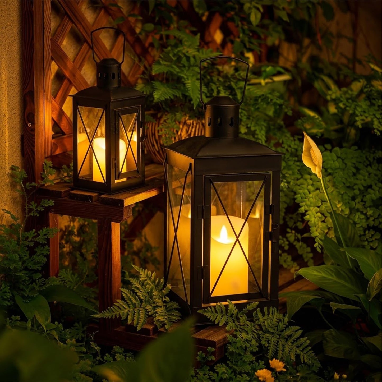 TRIROCKS Set of 2 Decorative Candle Lantern 12'' & 8'' High Metal Candle Holder Hanging Lantern Perfect for Home Decor Patio Living Room Parties Events Tabletop Indoors Outdoors (Black)