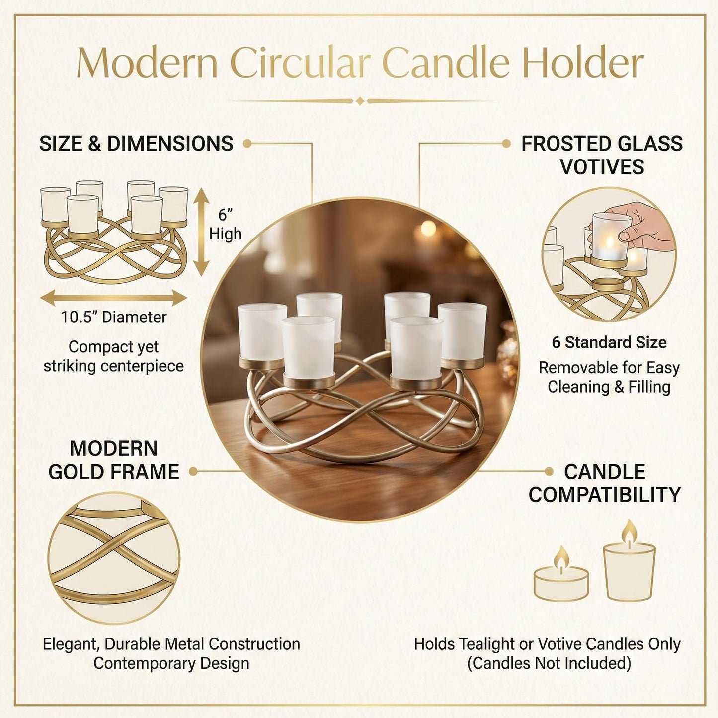 Seraphic Centerpieces for Table Decorations - Round Candle Holders for Outdoor Patio, Dining, Kitchen, Coffee & Wedding Table Decor, Gold Iron Candelabra, 6 Frosted Glass Votive Tealight Cups