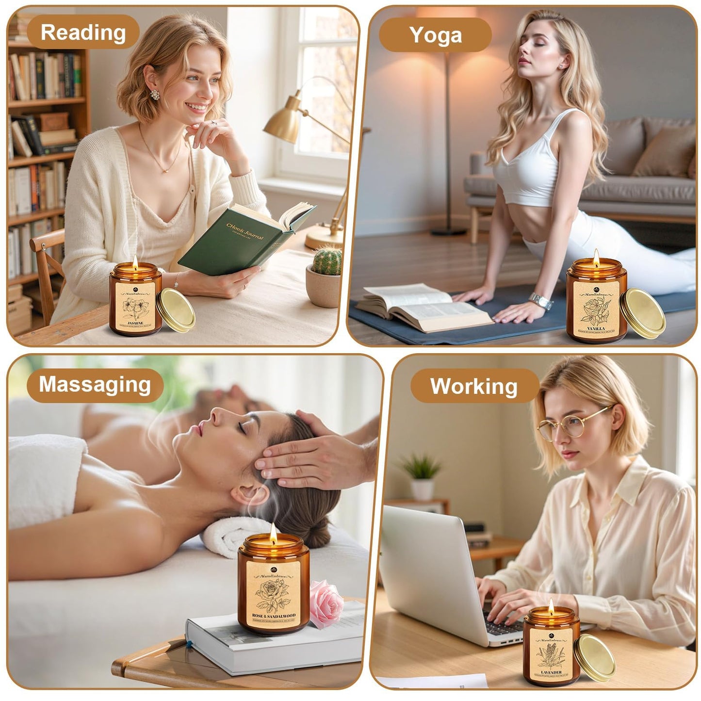 WarmEmbrace Lavender Candles, 4-Pack Scented Candle Set for Women, 7.6 oz Natural Organic Soy Wax in Glass Jar, 160 Hours Long-Lasting Burn, Perfect for Mother's Day, Birthday Gifting (4 Fragrance)