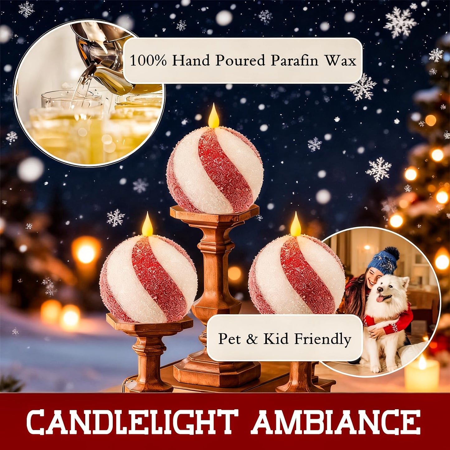 Set of 3 Christmas Sphere Candy Cane Flameless Candles, Glitter Red White Real Wax Flickering Ball Candles Battery Operated with Remote, Candy Cane Christmas Decorations, Xmas Party Centerpieces Decor