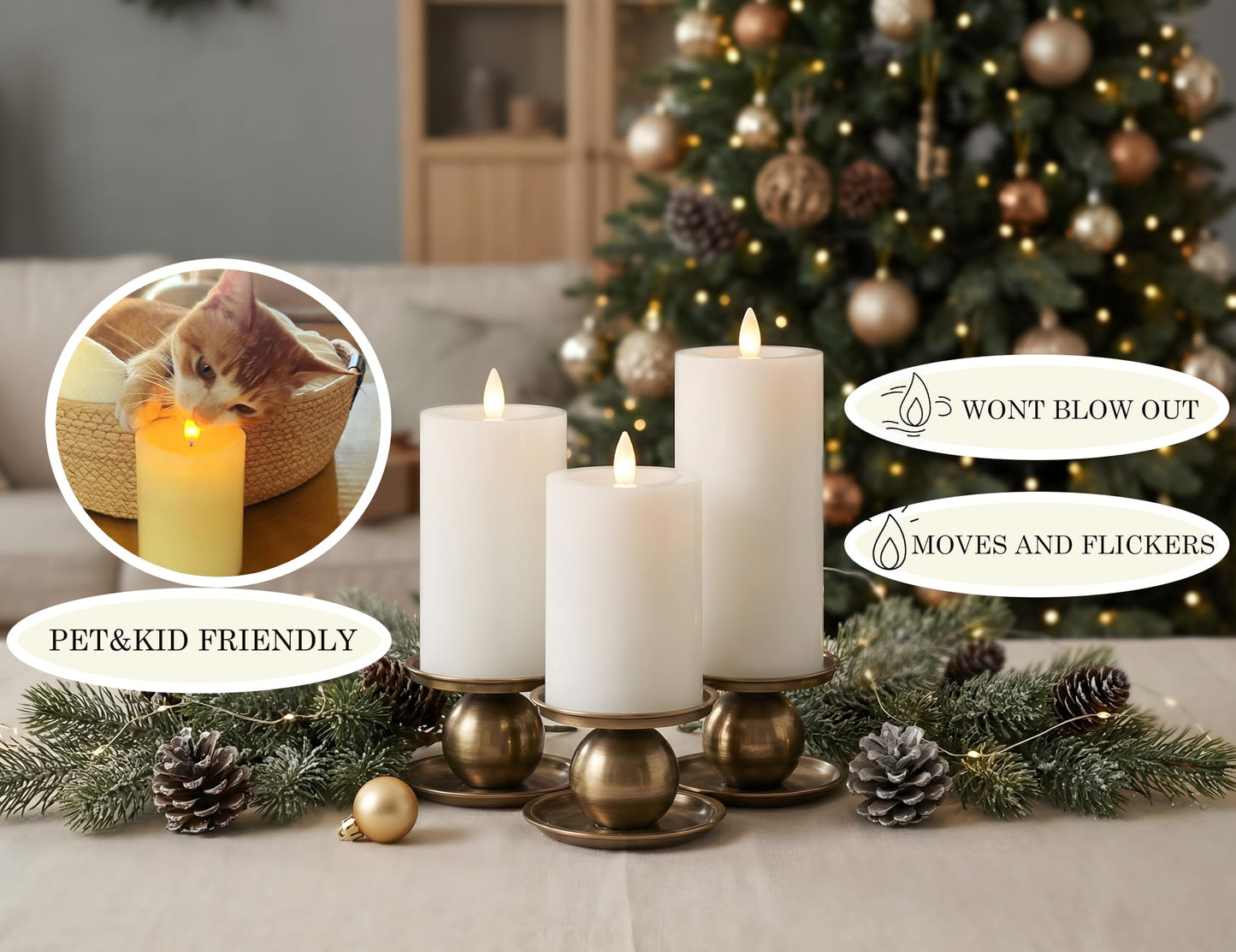 CozierGlow Flameless Pillar Candles Flickering with Remote Timer, Battery Operated LED Candles Up to 400 Hours, 3D Moving Flame Real Wax Candles. (White)