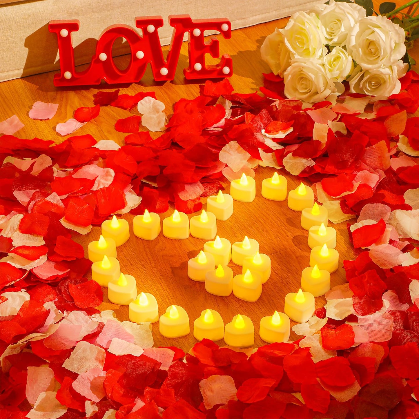 VIHOSE 4000 Pcs Artificial Rose Petals with 24 Pcs LED Tea Lights Candles Flameless LED Candles Fake Rose Petals for Wedding Birthday Party(Yellow Light, Bright Color Petal)