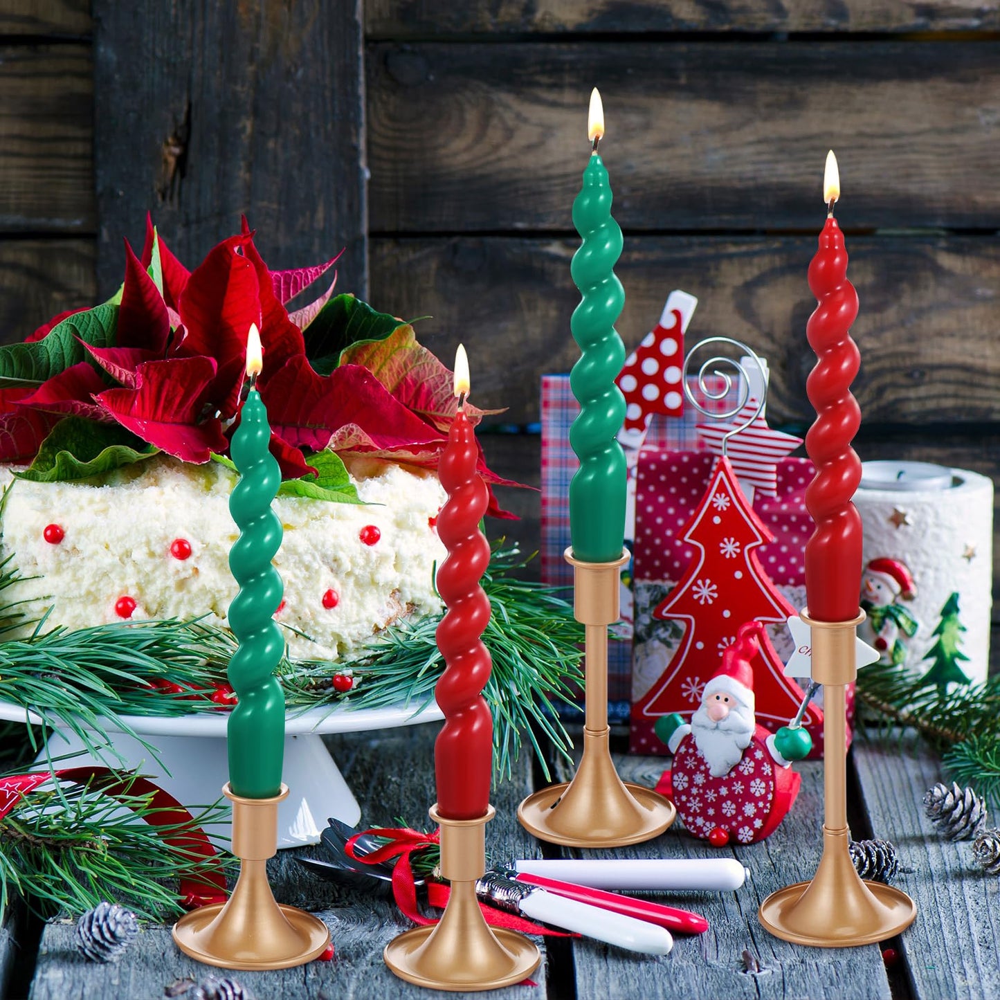 Zhengmy 4 Pcs Red Green Spiral Taper Candle 7 Inch Twisted Long Wax Dinner Candlestick for Fall Halloween Christmas Holiday Valentines Wedding Birthday Baby Shower Table Decor(Solid)