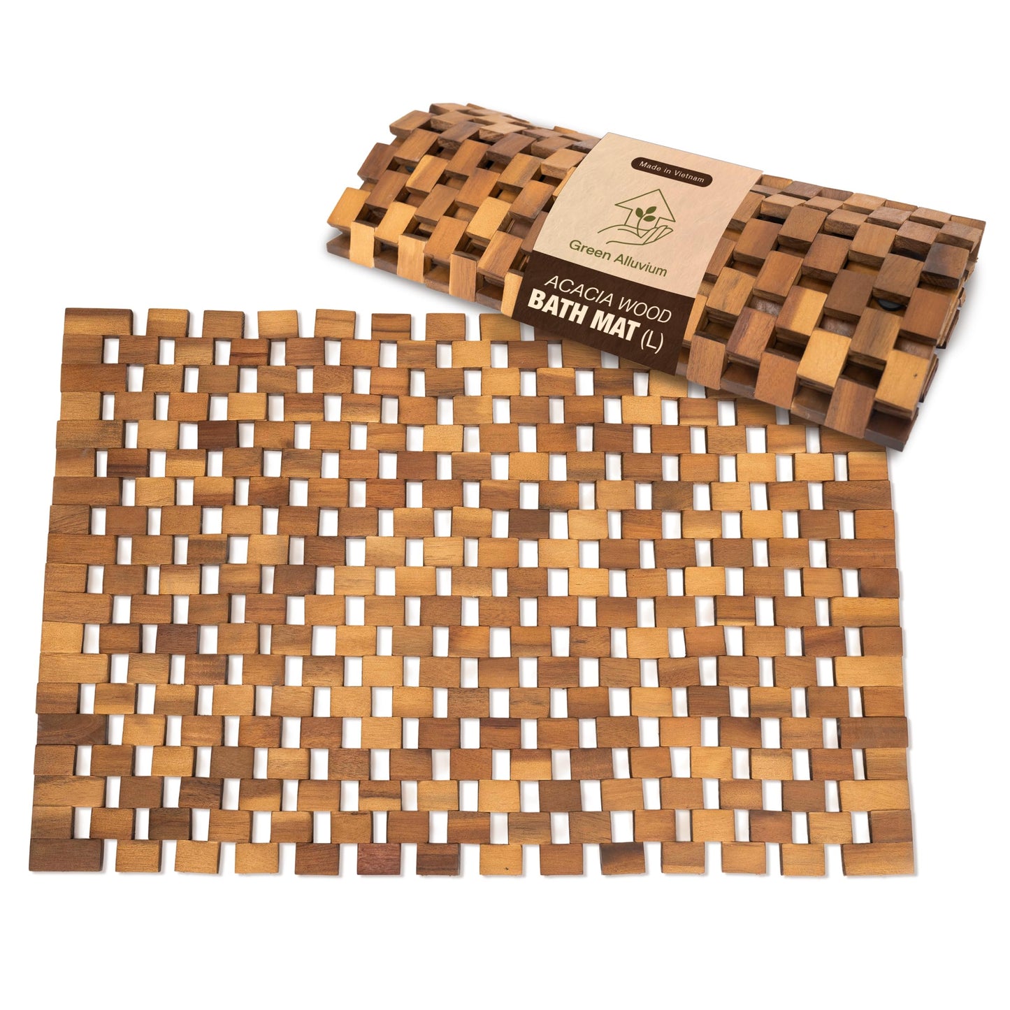 GREEN ALLUVIUM Acacia Wood Bath Mat - Non Slip Sturdy Wooden Shower Mat - Spa, Sauna, Cold Plunge, Camping, Bathroom Décor, Wood Door Mat 20" x 32"