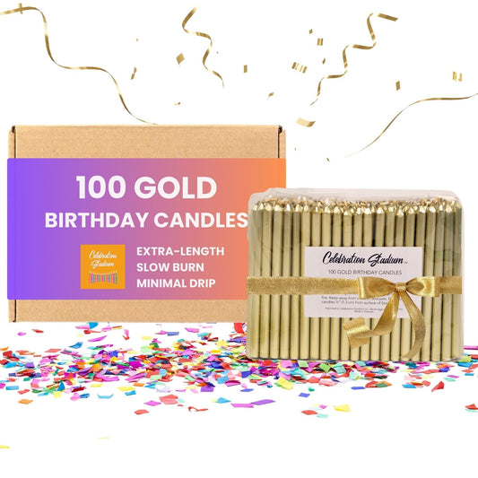Celebration Stadium Tall Gold Birthday Candles for Cake and Table Decorations, Perfect for Milestone Special Day, Elegant Gold Birthday Candles, Ideal for Celebrations, 100 Pieces, 3.25 Inches