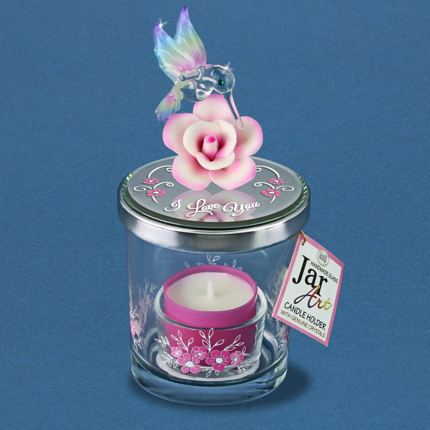 Glass Baron Candle Holder Jar, Blown Glass Hummingbird Lid with Airbrushed Porcelain Flower & Austrian Crystal Accents, 5.5 x 3 inches