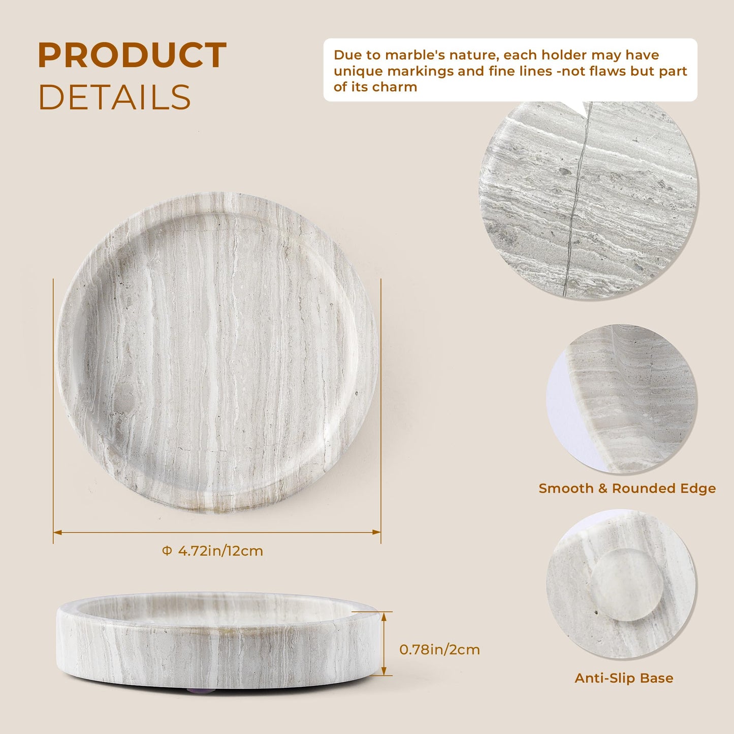 WORHE Candle Holders Italy Premium Natural Marble Candlestick Holder for Jar Pillar Candles Large Round Coaster Plate Jewelry Tray Centerpiece for Wedding Dining Table Home Decor Light Grey (WH074)
