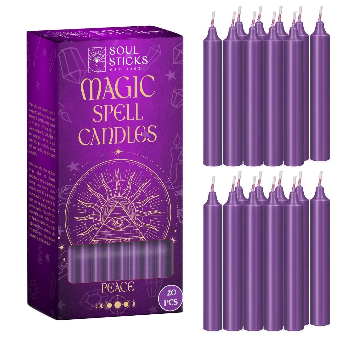 SOUL STICKS Peace Magic Spell Chime Taper Candles 20 Pack - Ideal for Altar, Rituals, Ceremonies, Meditation Purple Candle for Witchcraft Supplies, Wiccan, Unscented Candles Clearance