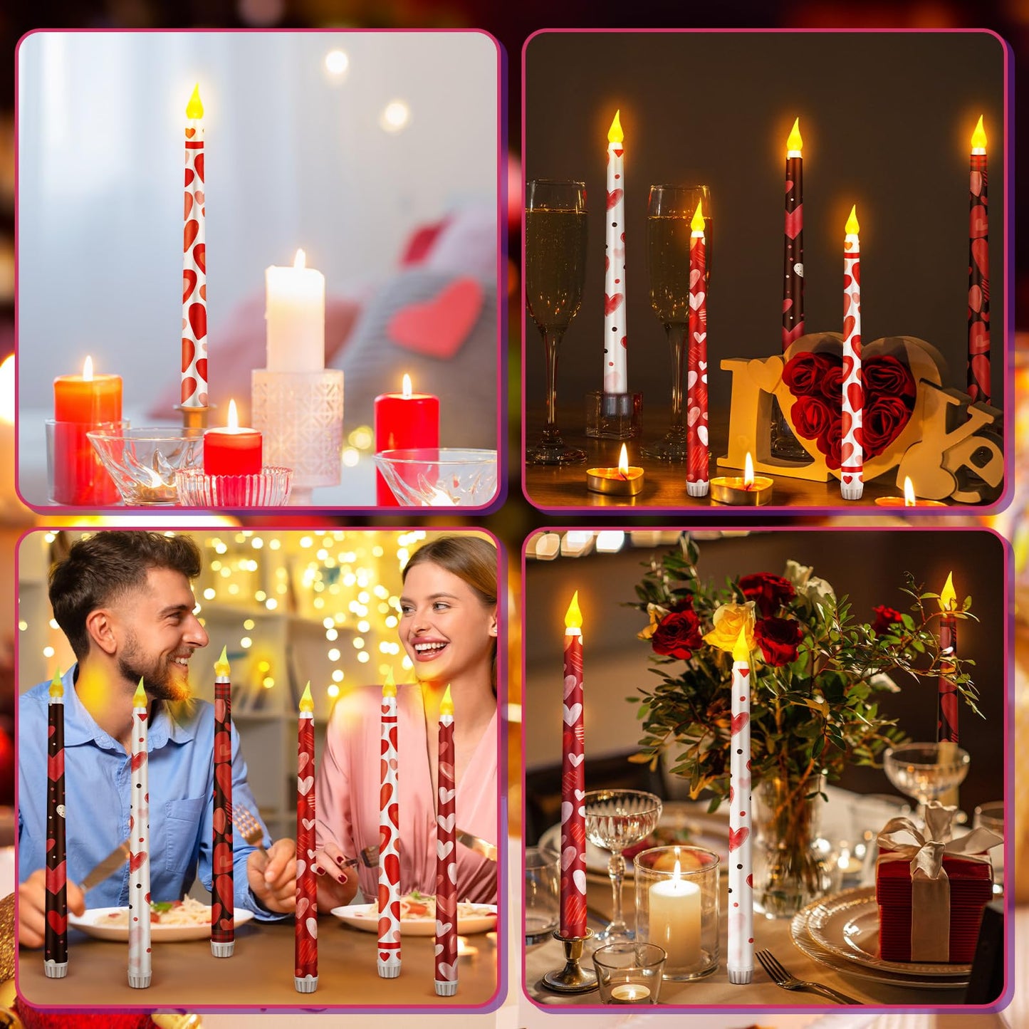 Aurelema 6 Pcs Valentines Day LED Flameless Candle Set Valentine Day Flameless Taper Candles with Heart Battery Operated Seasonal Celebration with Remote for Wedding Romantic Night