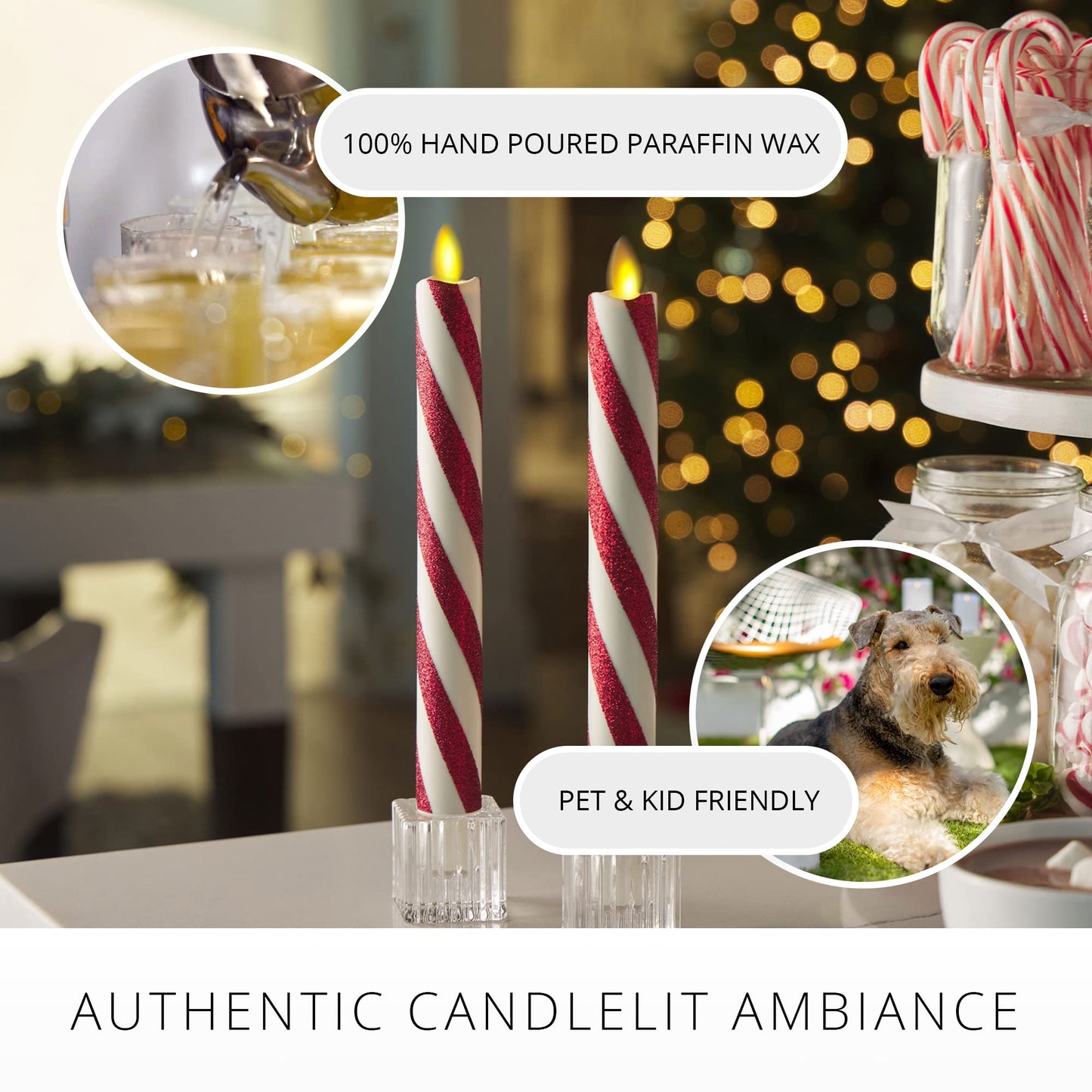 Luminara - Flameless Battery Operated Taper Candle - Candy Cane Red- Pack of 2-1x9.75 - LED Flickering Flame - Realistic Safe for Home Kids and Pets