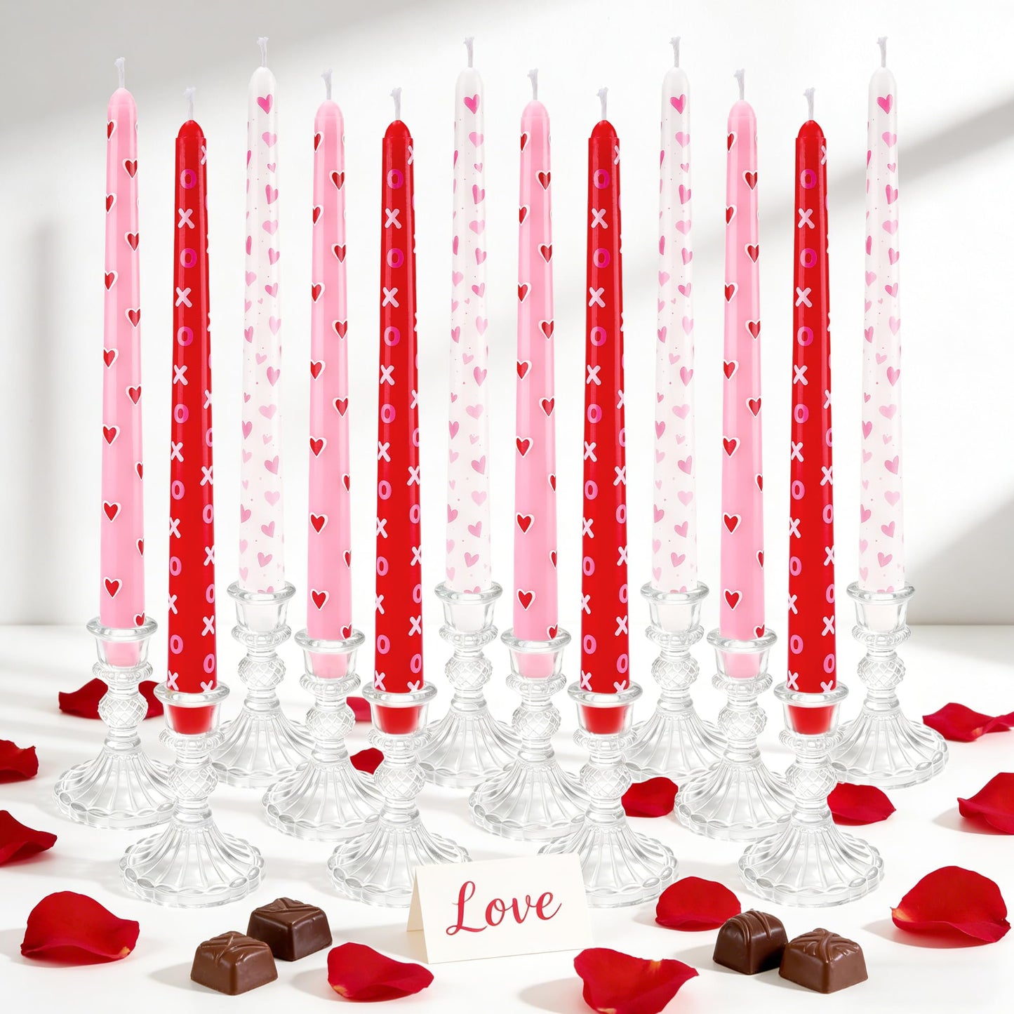 12 Pcs Valentine's Day Taper Candles 10 Inch Heart Shaped Candles with 3 Style Red Pink White Decorative Candle Sticks for Valentine Wedding Anniversary Dinner Table Home Decor