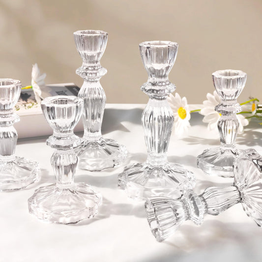 CHOCSTAY Glass Candlestick Holders Set of 6, Clear Stripe Taper Candle Holders for Table Centerpiece, Home Decorations, Wedding and Party
