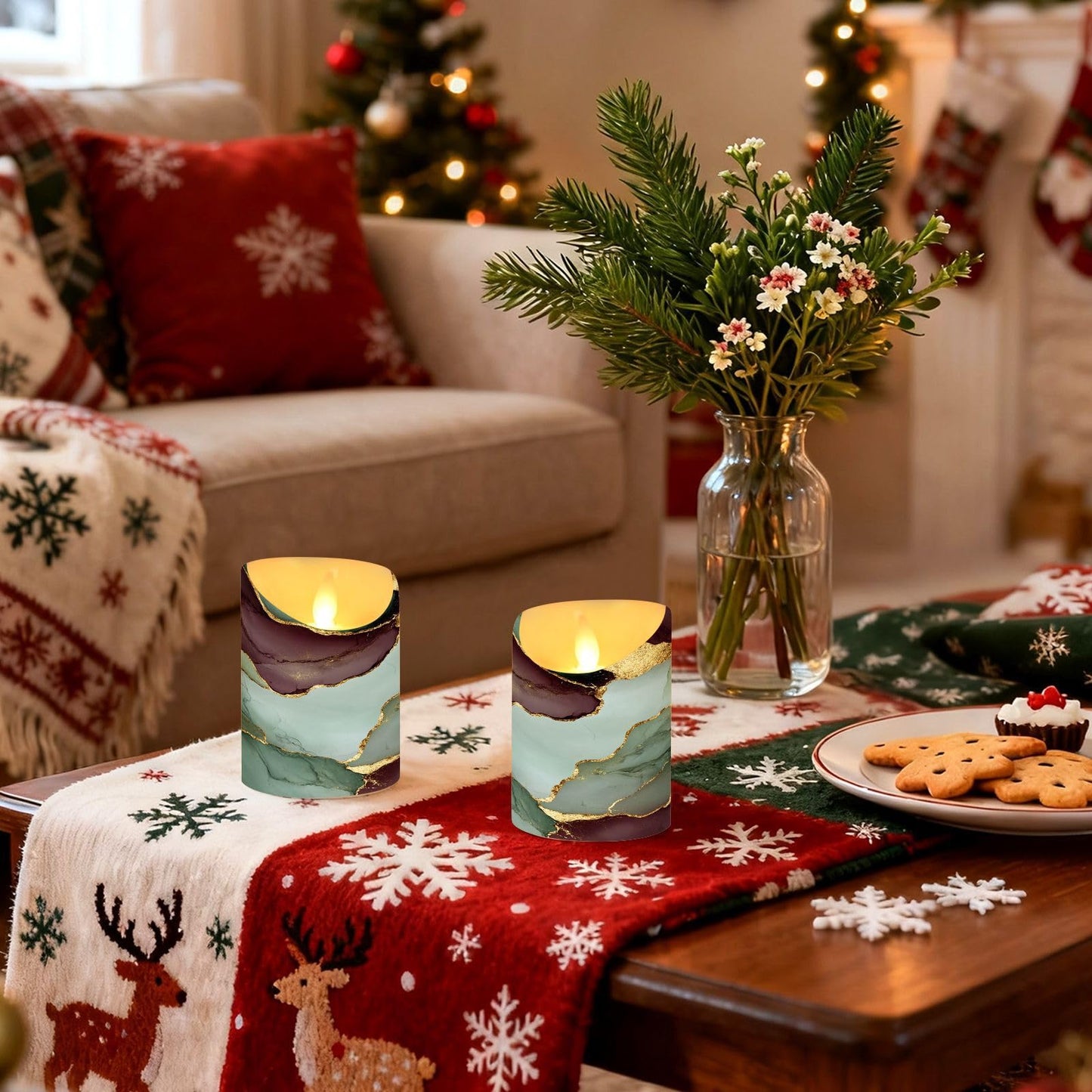 famyily Indoor Flameless Candles with Timer 2/4/6/8H Timer Flameless Candles for Office Reception Desk 5.9x3in - Marble Sage Green Burgundy