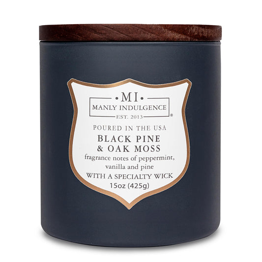 Manly Indulgence Black Pine Oakmoss Scented Candles for Men, 15 oz Wooden Wick, Premium Soy Blend Wax, 60H Burn, Candles for Home Scented - Made in The USA