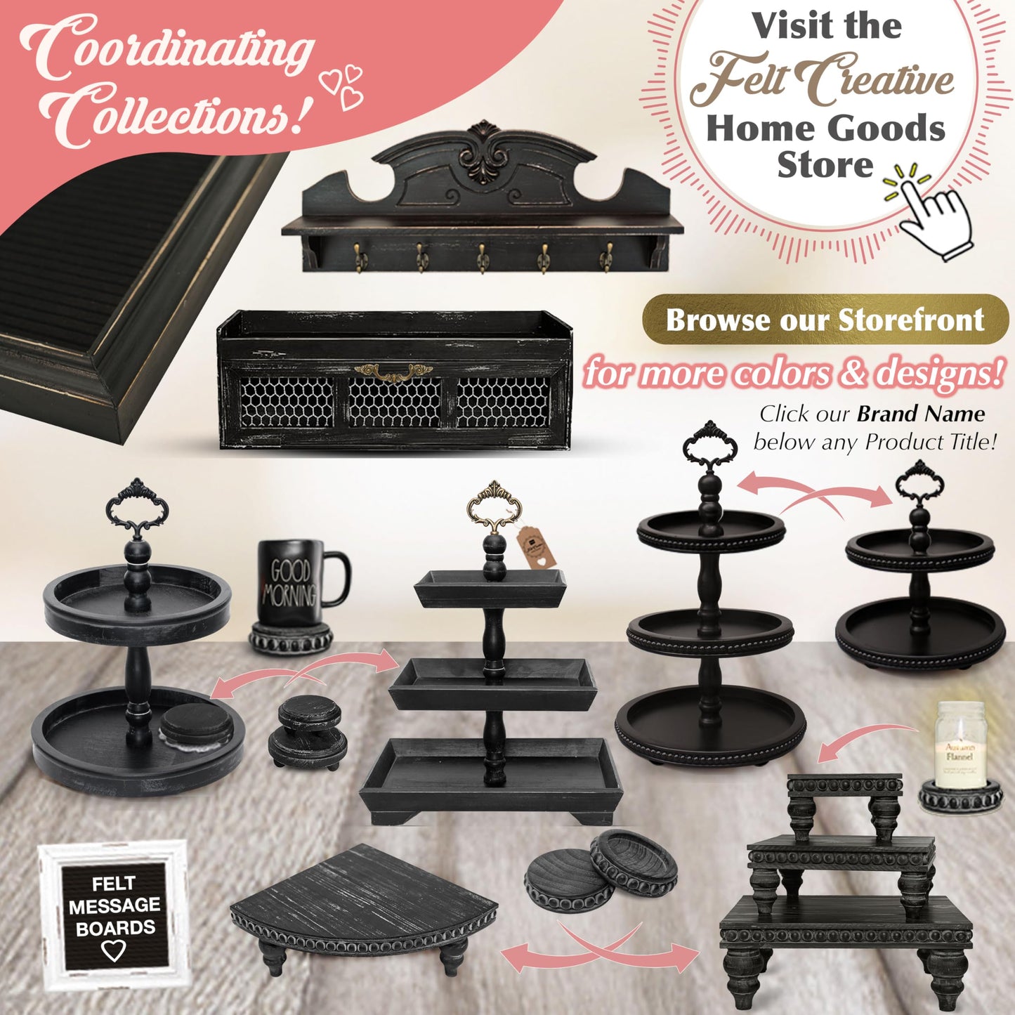 Felt Creative Home Goods Set of 2 Round Rustic Wood Beaded Risers - Sturdy 2-Sided Stackable Decor Pedestal Stands for Tiered Tray, Candle, Mug Display (Rustic Black, 5 inch)