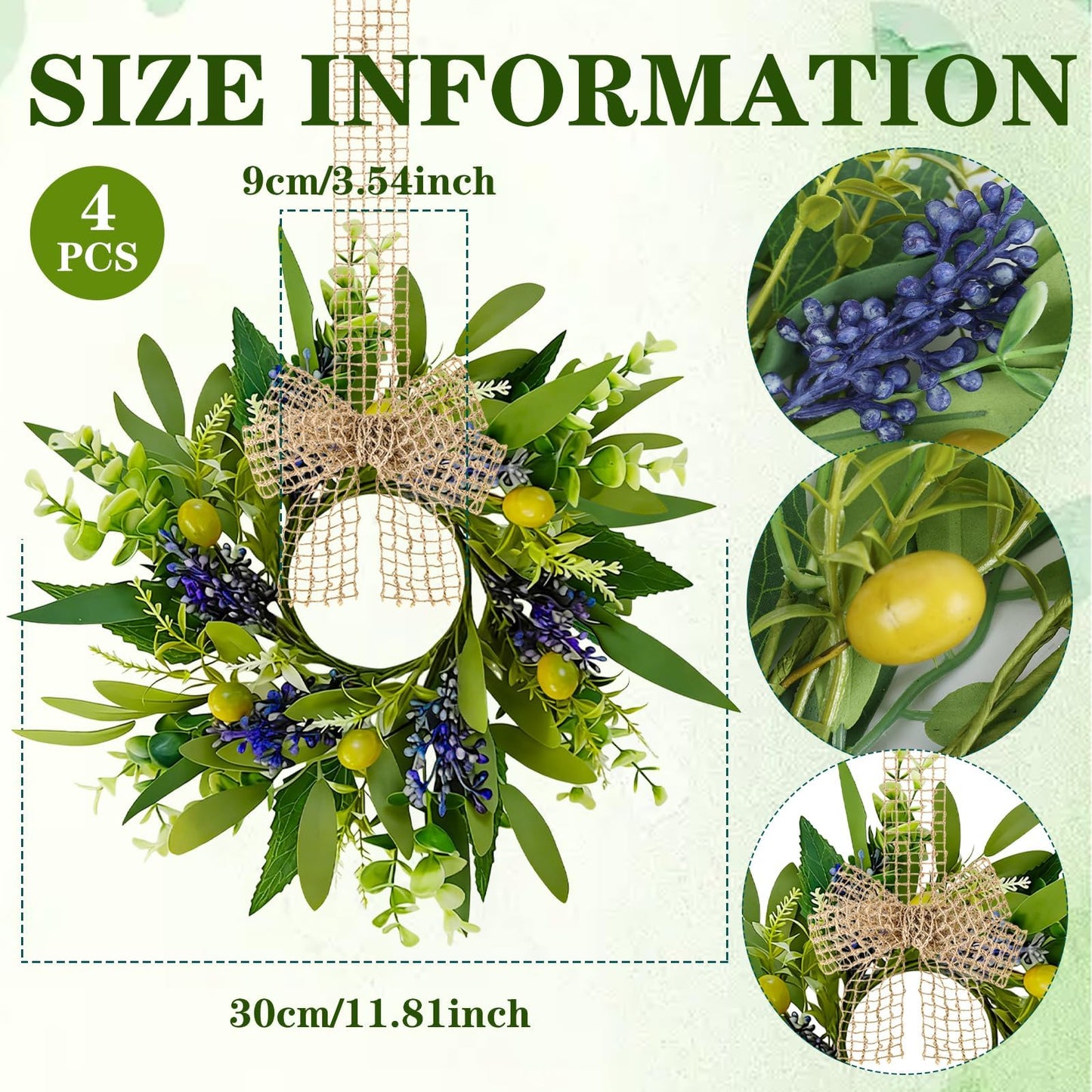 4 PCS Green Eucalyptus Olive Swag Wreaths for Pillars Spring Summer Greenery Kitchen Cabinet Wreaths Mini Green Boxwood Leaves Wreath with Ribbon for Front Door Porch Wall Window Farmhouse Decoration