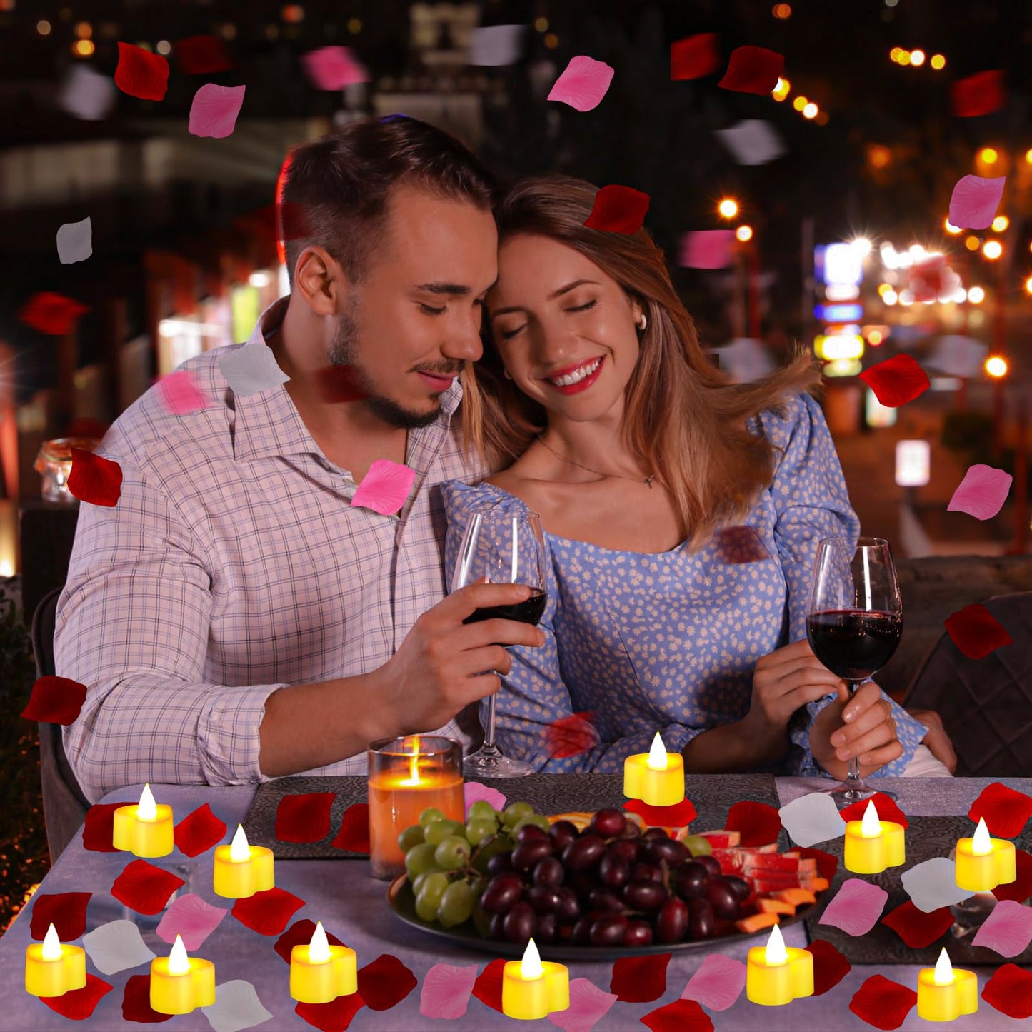 Honoson 1000 Pieces Artificial Rose Petals with 24 Pcs Flameless Heart Shaped LED Tealights Candles Special Romantic Night Decorations for Proposal Wedding Anniversary Table Decor(White with Yellow)