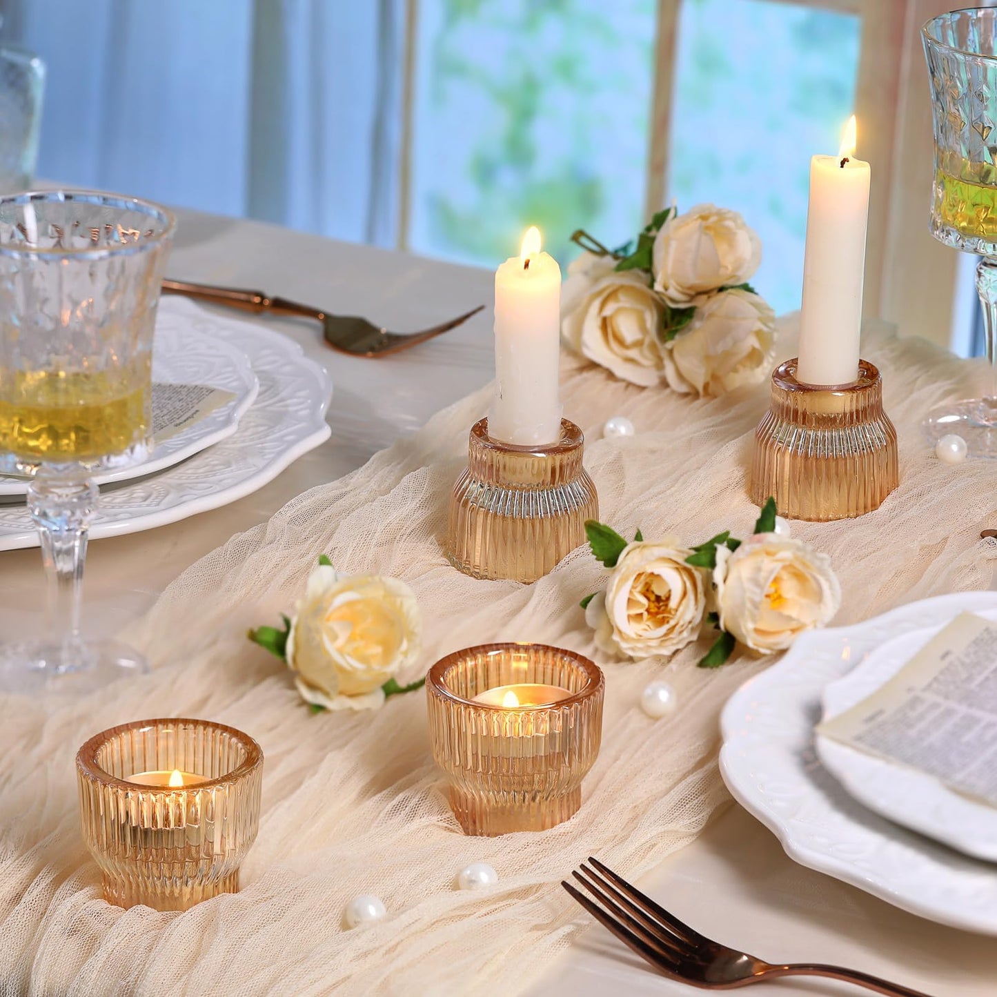 HAVITI 12 Pack Gold Taper Candle Holders, Glass Candlestick Holders, Tea Light Candle Holder for Fall Wedding Centerpieces Table Decorations, Votive Candle Holders for Table Decor