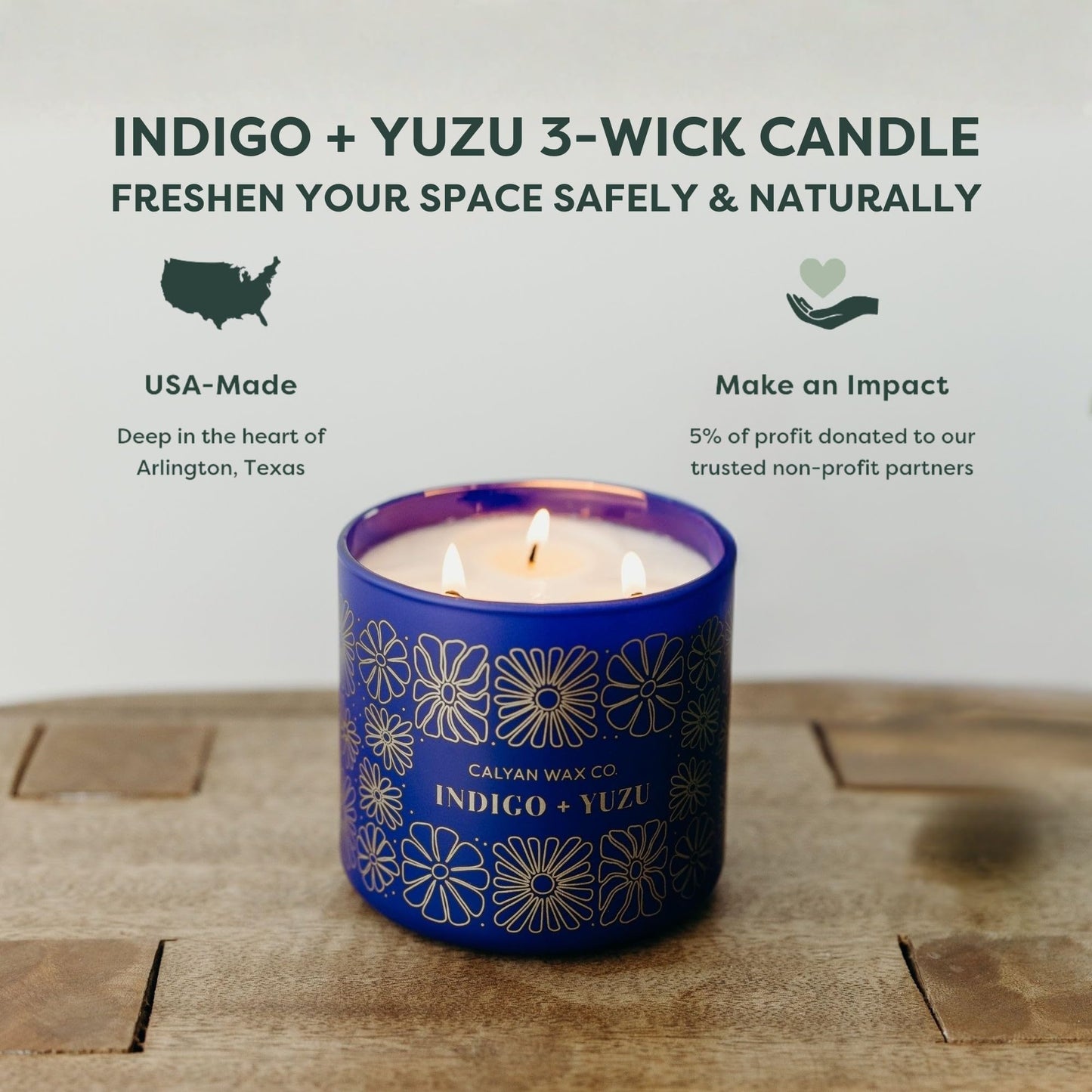 Calyan Wax Co. Indigo & Yuzu 3 Wick Scented Candle - 43 Hour Burn - Luxury 3 Wick Soy Candles - Clean Soy Wax Candles - Long Lasting Large Glass Jar Candle for Home - 14.9oz
