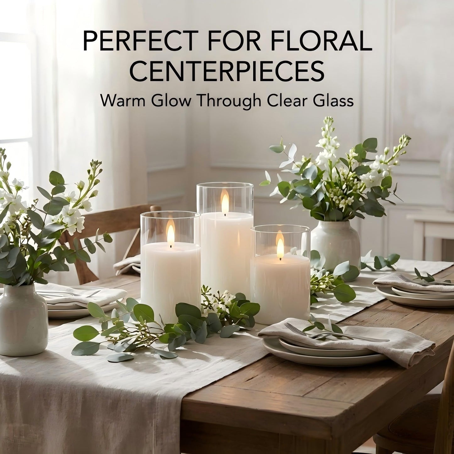 ANGELLOONG Glass Flameless Candles with Remote, White Battery Operated Candles with Timer, Electric Fake LED Candles for Bedroom Farmhouse Bathroom Coffee Table Decor, Clear