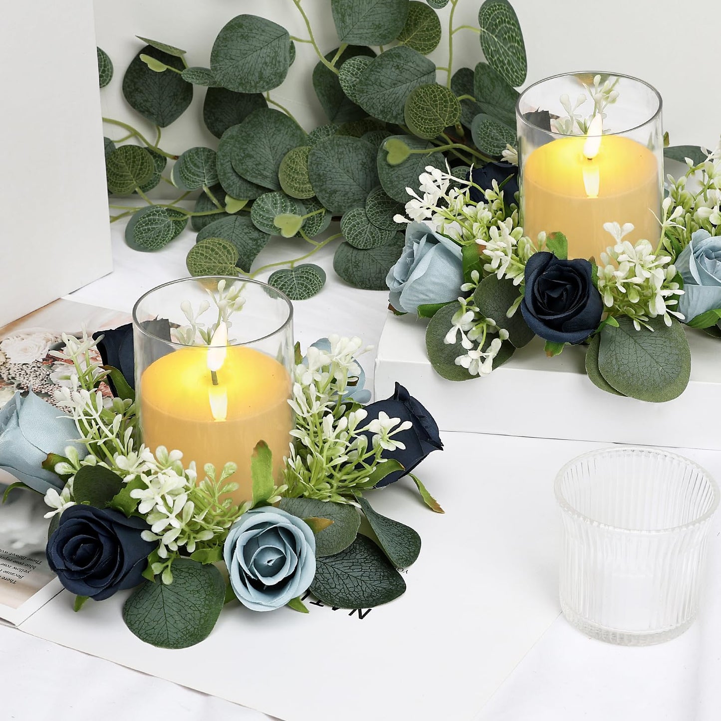Tobilu 6 Sets Rose Rings Wreaths with LED Candles - Artificial Roses Eucalyptus Wreath Wedding Centerpiece for Wedding Bridal Shower Banquet Table Decor - Navy Blue