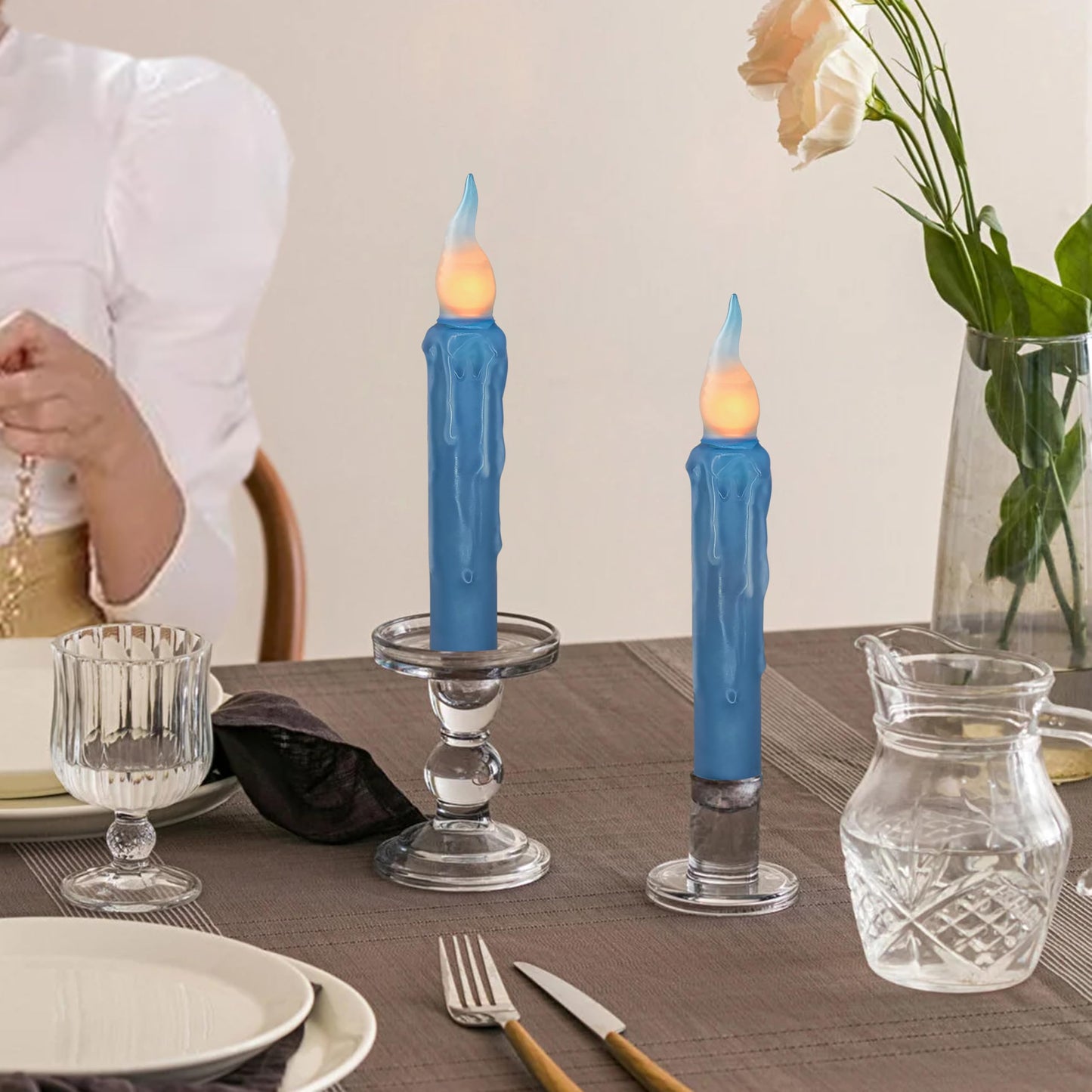 Dark Blue Flameless Short Taper Candles, Real Wax Hand Dipped LED Battery Operated with Remote, Flickering Flame Lights for Festival Party Home Décor, 6.7 Inch Primitive Flameless Candles, 4PCS