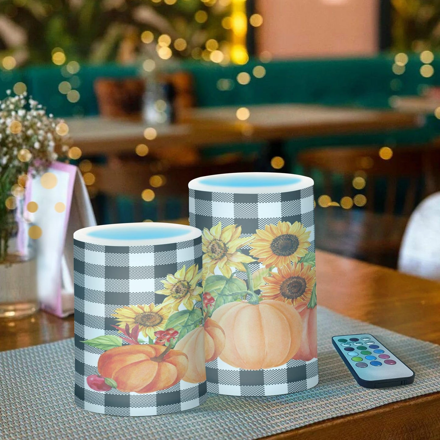 Eionryn Autumn Pumpkins Fall Sunflower Flameless Candles Black and White Buffalo Plaid Battery Operated LED Candles with Remote Timer Electric Candles for Home Party Decor 2pcs