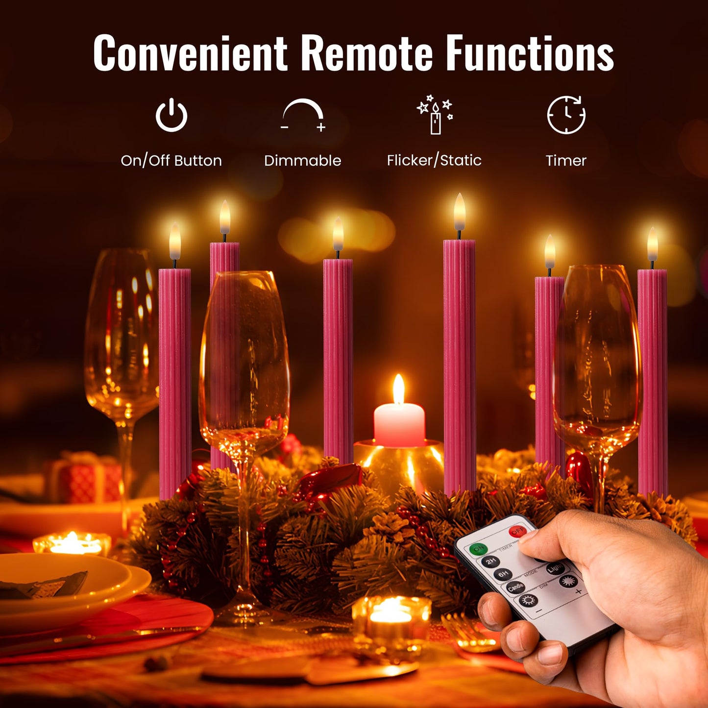 West Ivory 12 Pack, 10" LED Flameless Pink Fluted Ribbed Grooved Taper Candles with 2 Remotes & 24h Timer Memory, On/Off Button, Dimmable, Flicker Mode, Battery Operated, Christmas Menorah Wedding