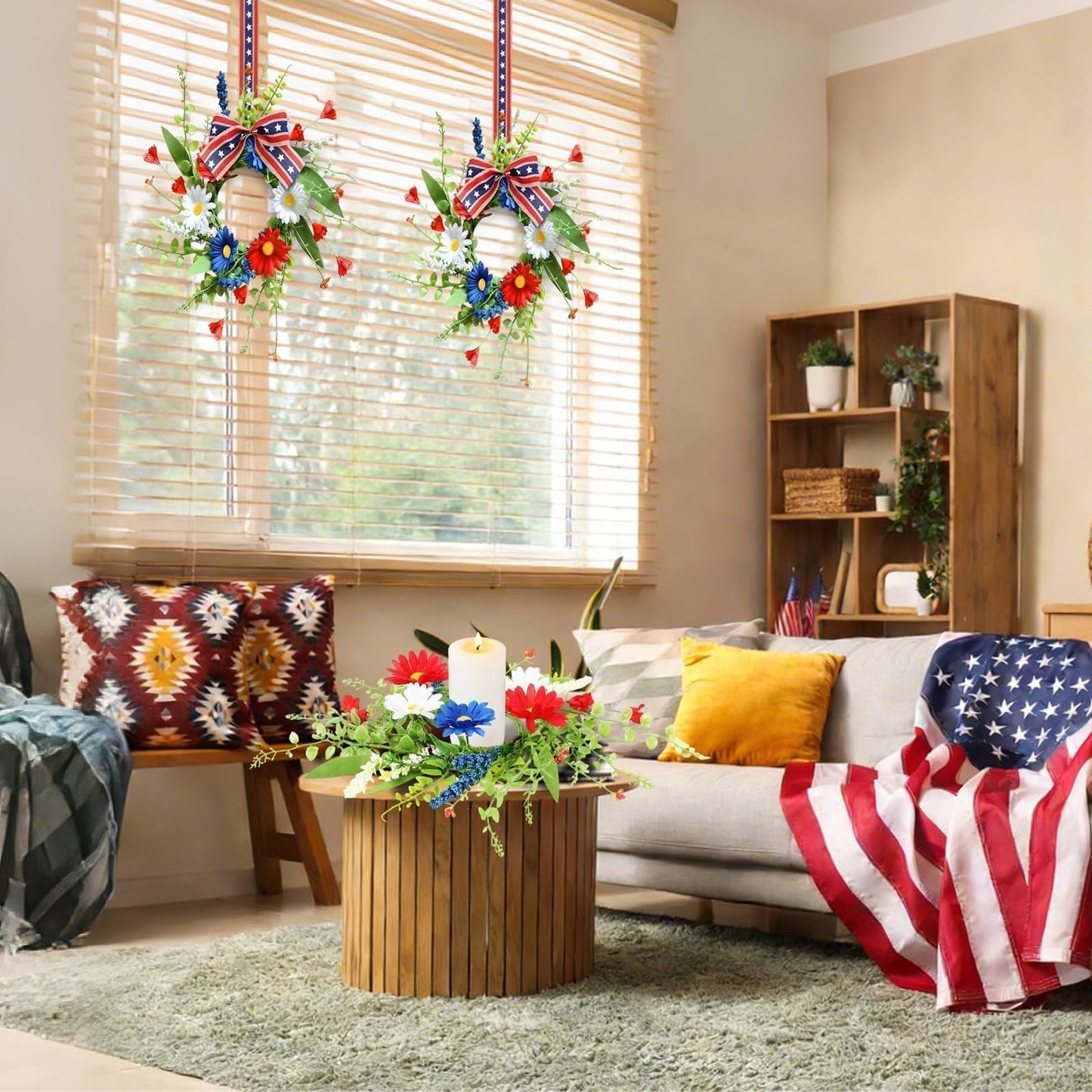 4 Pcs Mini Patriotic American Kitchen Cabinet Wreaths Small 4th of July Floral Swag Wreath for Front Door with Ribbon Daisy July Independence Day Hanging Wreath for Porch Wall Farmhouse Decor