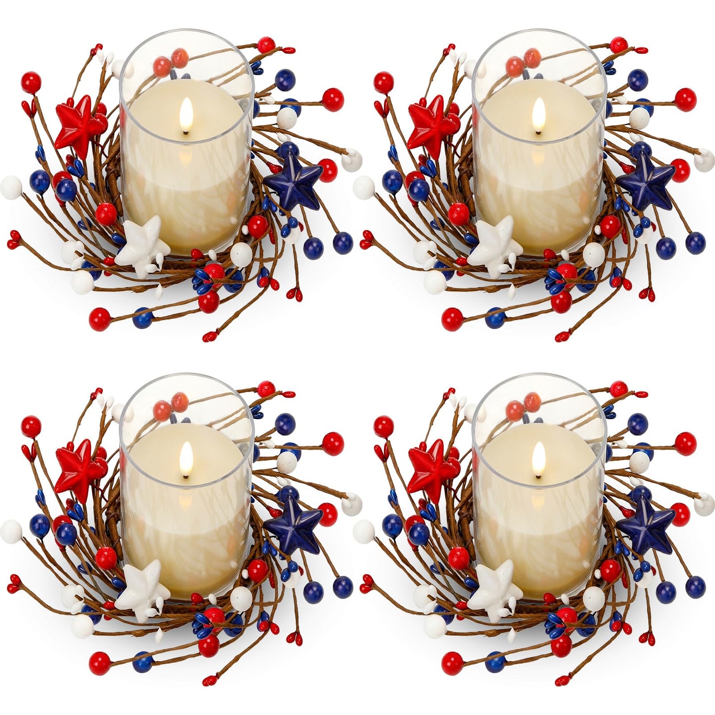 Yunlly 4 Pcs Independence Day Candle Wreaths Rings Five-Pointed Star and Berry Candle Holder Rings with LED Flameless Candles, 9.5" Wide for Wedding Windows 4th of July Table Centerpieces
