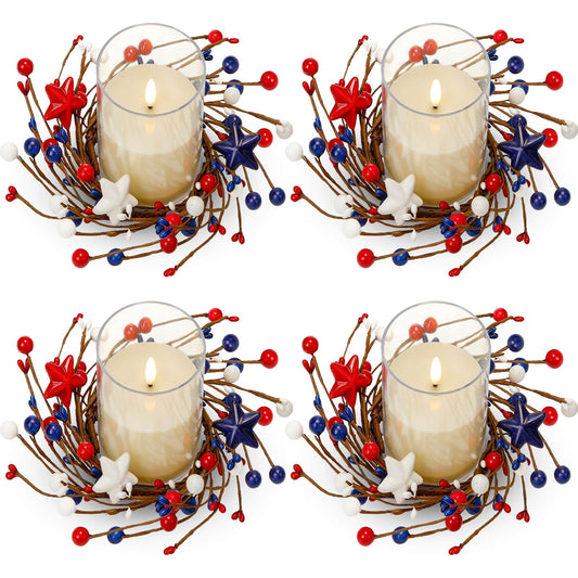 Yunlly 4 Pcs Independence Day Candle Wreaths Rings Five-Pointed Star and Berry Candle Holder Rings with LED Flameless Candles, 9.5" Wide for Wedding Windows 4th of July Table Centerpieces