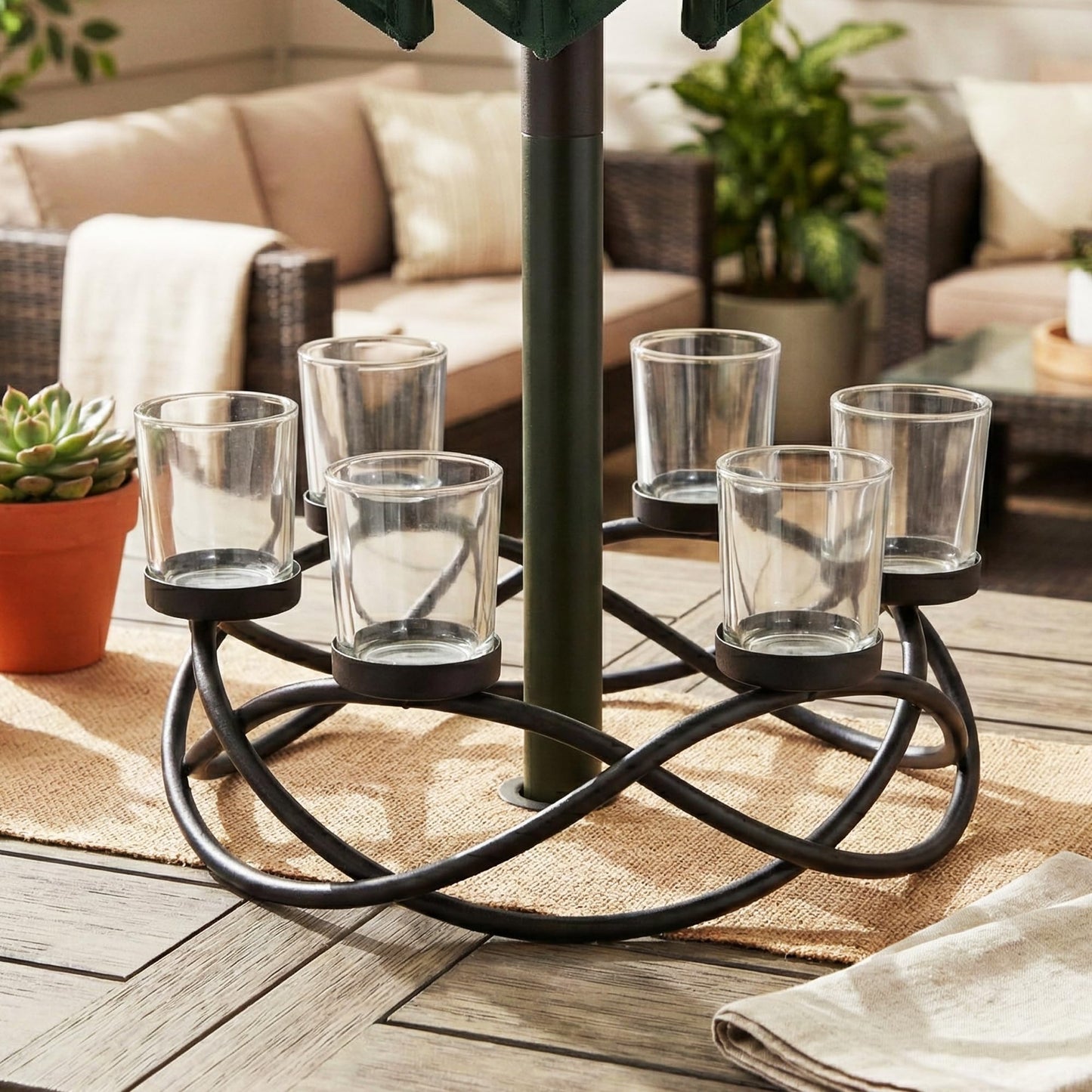 Seraphic Candle Holder Centerpiece for Tables, Outdoor Patio Umbrella Centerpieces, Round Dining Room Table Decor, Wrought Iron 6 Cup Candelabra, Modern Rustic Kitchen Island Tabletop, Black/Clear