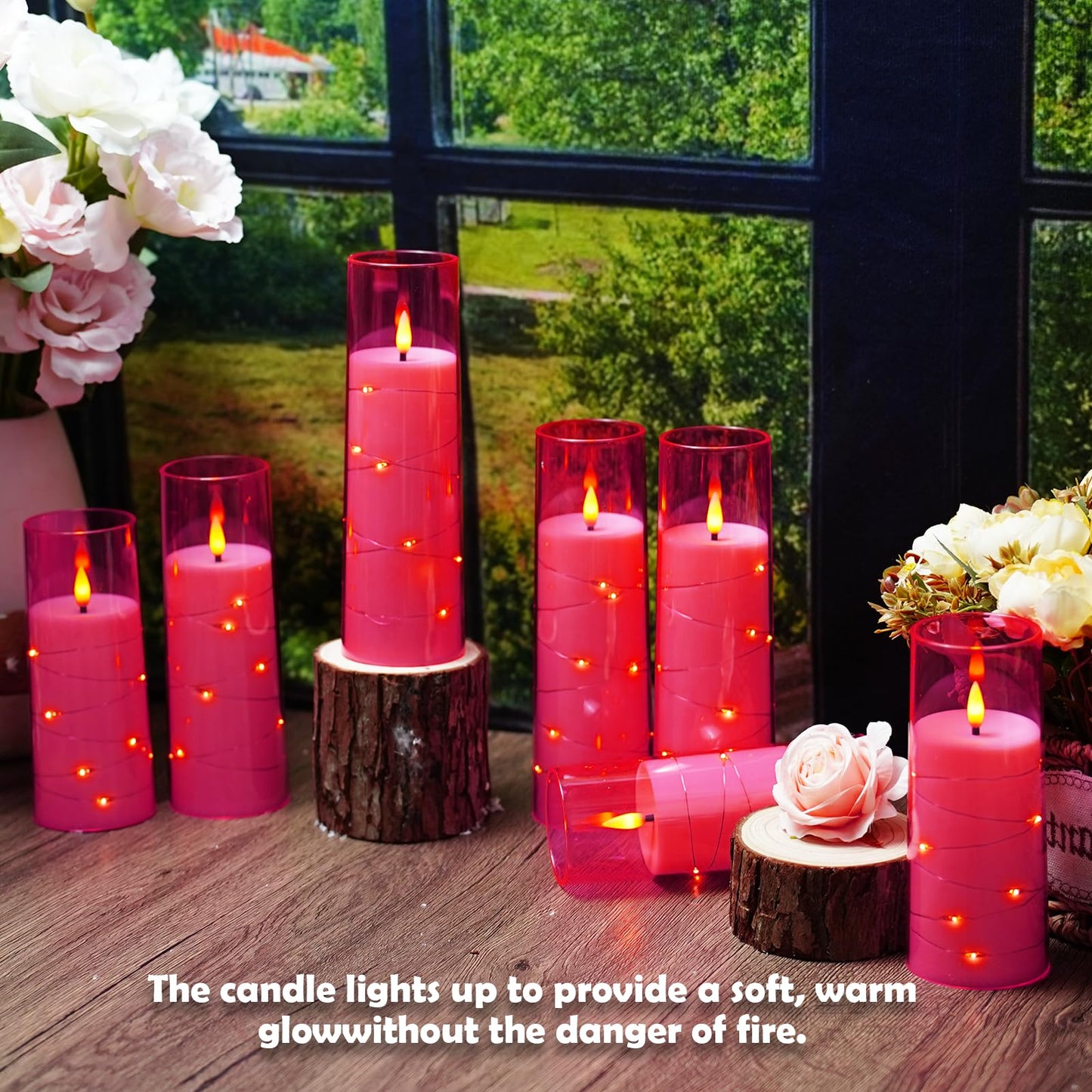 Sasigeiaa Flameless Candles with Embedded Star String - Battery Operated LED Candles, with Remote,12 Pink Flickering Candles for Christmas, Weddings, Home Decor & Party,(D 2.3"×H 5" 6" 7")