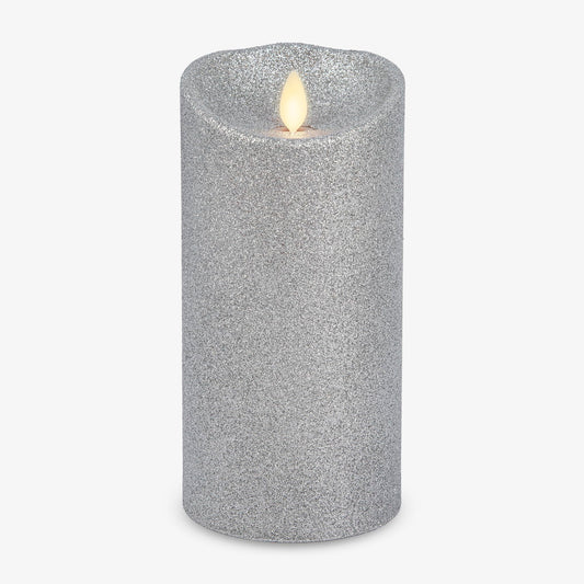 Luminara Brilliant Silver Glitter Flameless Candle Moving Flame LED Pillar (3.5" x 7")