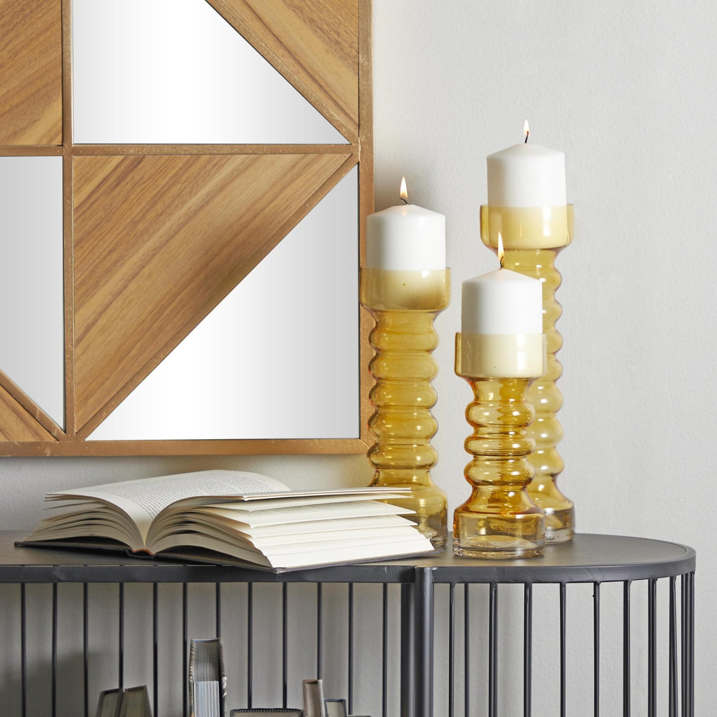 Deco 79 Glass Decorative Candle Holder Bubble Pillar Candle Stand, Set of 3 Candlestick Holder 13", 11", 8" H, Yellow
