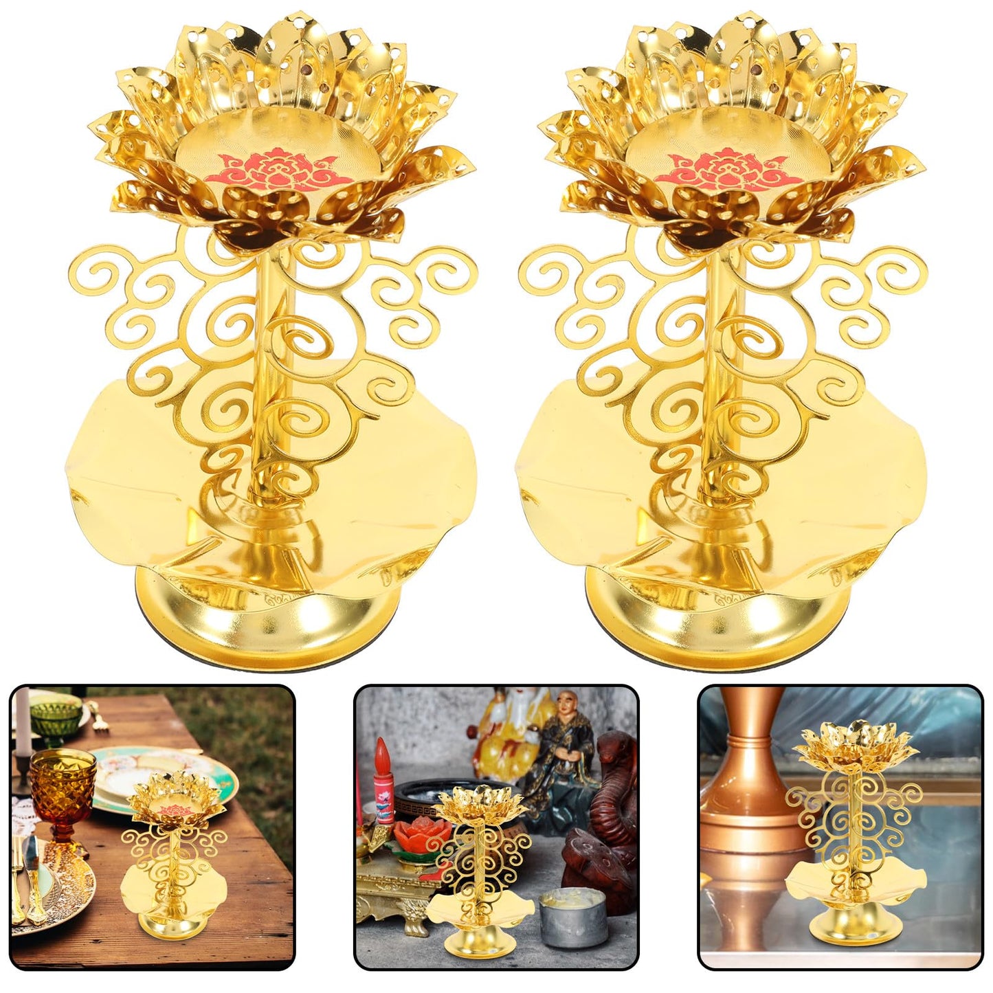 SUPVOX 2pcs 4.5-Size Metallic Lotus Candle Holder Buddhist Butter Lamp Base Decorative Candlestick for Home Temple Lighting