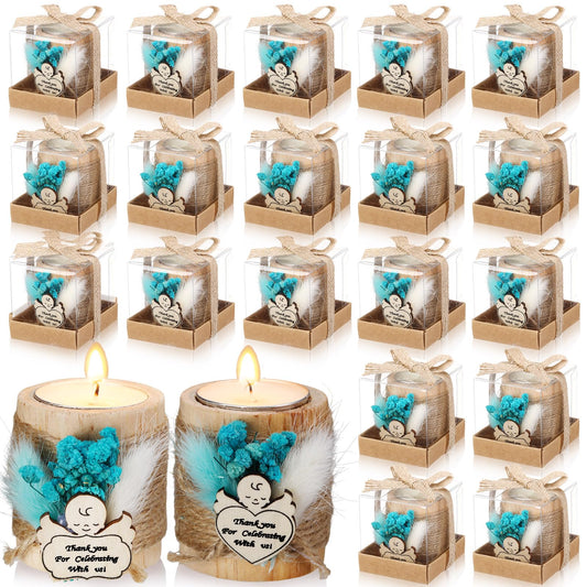 MTLEE 20 Sets Baptism Candle Favors for Guests Wooden Candle Holders with Tealight Candles Tags and Gift Boxes for Baptism Wedding Party Baby Shower Souvenirs(Blue,Baby)