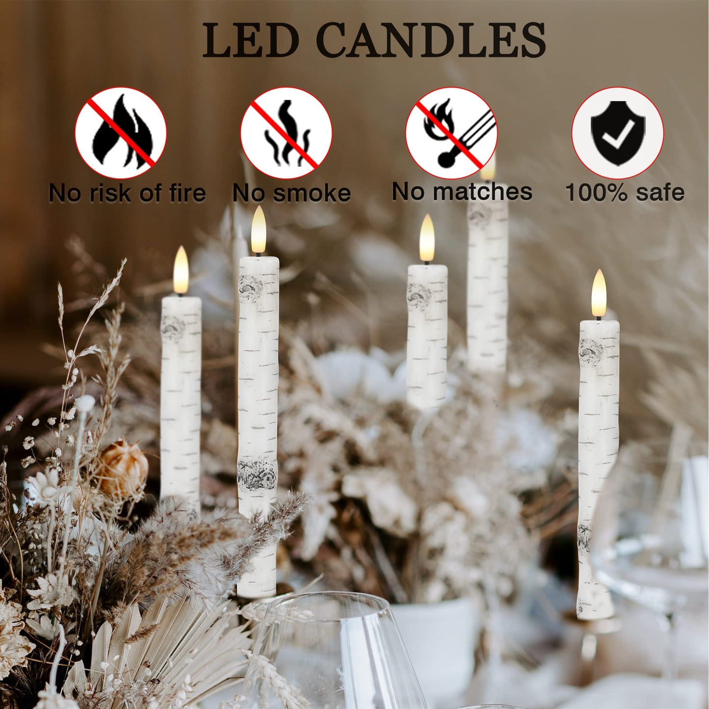 Birch Bark Flameless Taper Candles with 3D Wick, 9.6" Real Wax LED Candles with 2 Remote and Timer, 6 Pack Flickering Candlesticks Battery Operated Electric Candle for Home, Wedding, Party, Decor