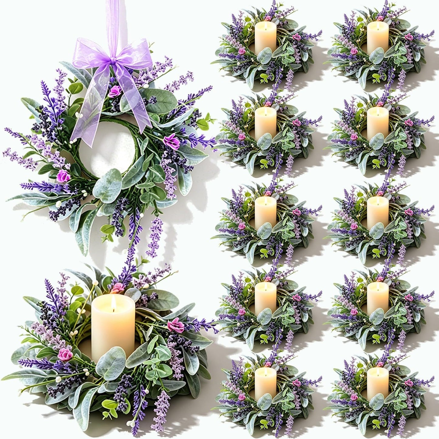 8 pcs Mini Lavender Candle Rings Wreaths Purple Daisy Pillar Holder Wreath Artificial Wild Flower Spring Summer Floral Wreath for Farmhouse Porch Cabinets Table Decoration