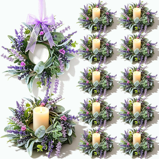 8 pcs Mini Lavender Candle Rings Wreaths Purple Daisy Pillar Holder Wreath Artificial Wild Flower Spring Summer Floral Wreath for Farmhouse Porch Cabinets Table Decoration