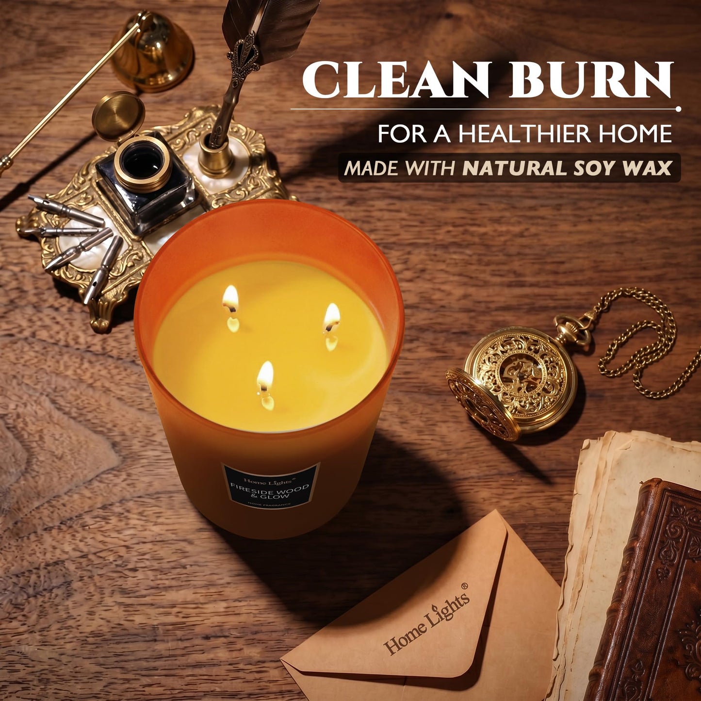 HomeLights Scented Candles - Large Jar Aromatherapy, Natural Soy Wax, 130 Hour Long Burning, Fireside Wood & Glow