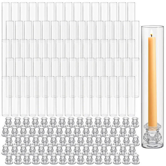 Teenyyou 8 Set Glass Hurricane Candle Holders Bulk 12.6" Open Ended Glass Candleholder Tube Shape Bottomless and 2.2" Taper Clear Candlestick Holders for Wedding Table Centerpiece (Clear)