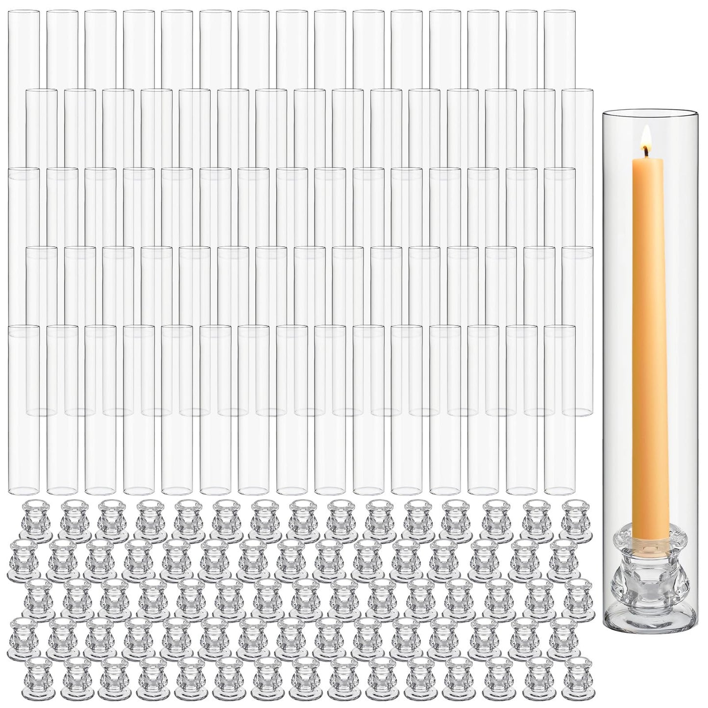 Teenyyou 24 Set Glass Hurricane Candle Holders Bulk 12.6" Open Ended Glass Candleholder Tube Shape Bottomless and 2.2" Taper Clear Candlestick Holders for Wedding Table Centerpiece (Clear)