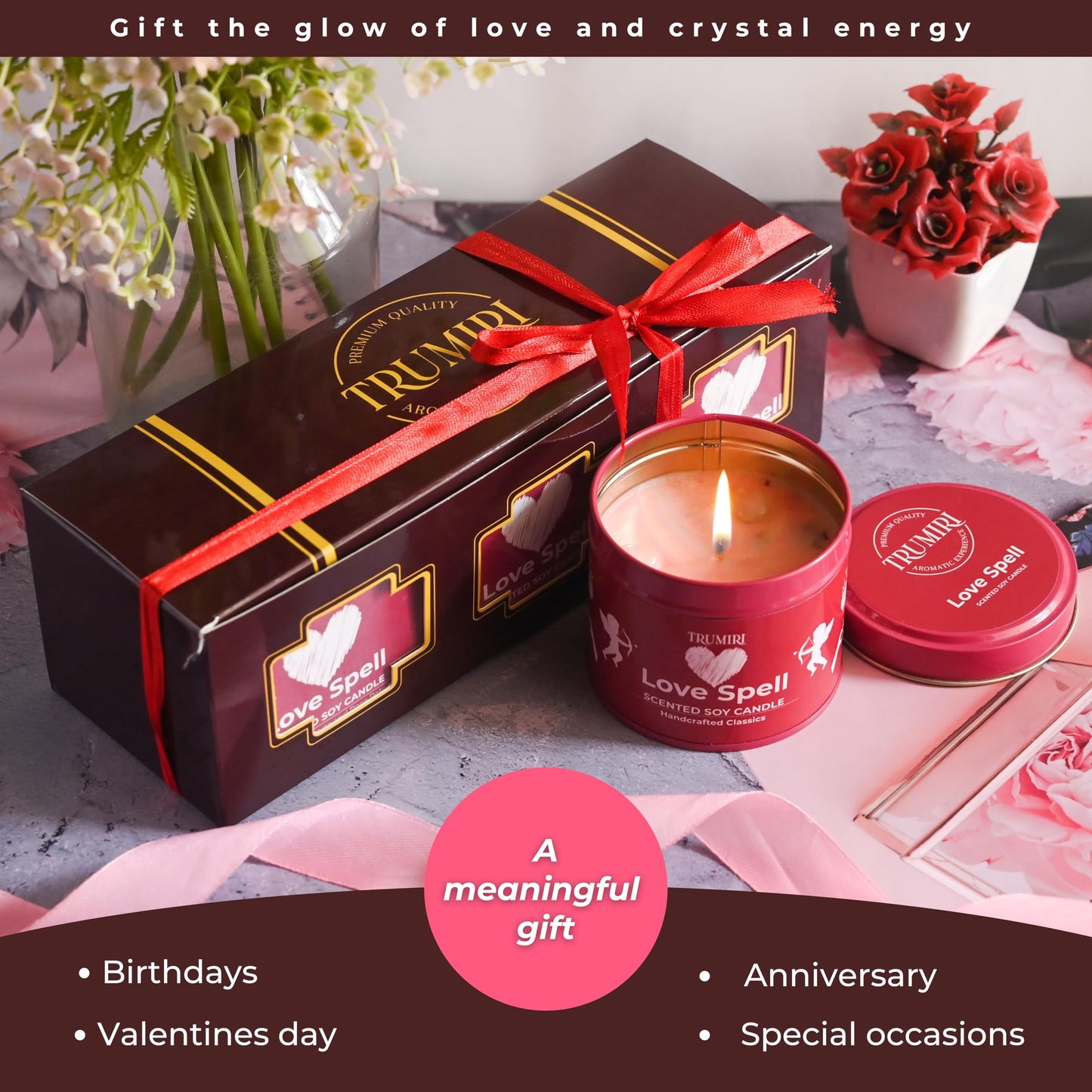 Love Spell - Scented Candles for Women & Men with Rose Petals and Crystals - Pack of 3 x 5oz Soy Clean Organic Non Toxic - Velas Aromáticas - Aromatherapy Spa Valentines Gift Candel