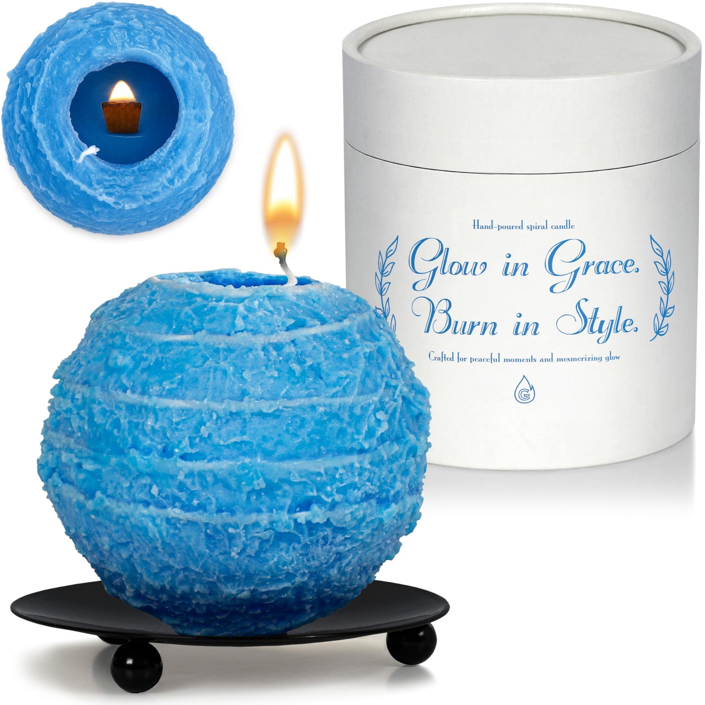 Spiral Candle Burn Around, Unscented Unique Shaped Candle on Metal Base, 4.5" Blue Beeswax Soy Wax Candle, 4h Burn, Twisted Wave Design, Gifts for Him Her, 10oz