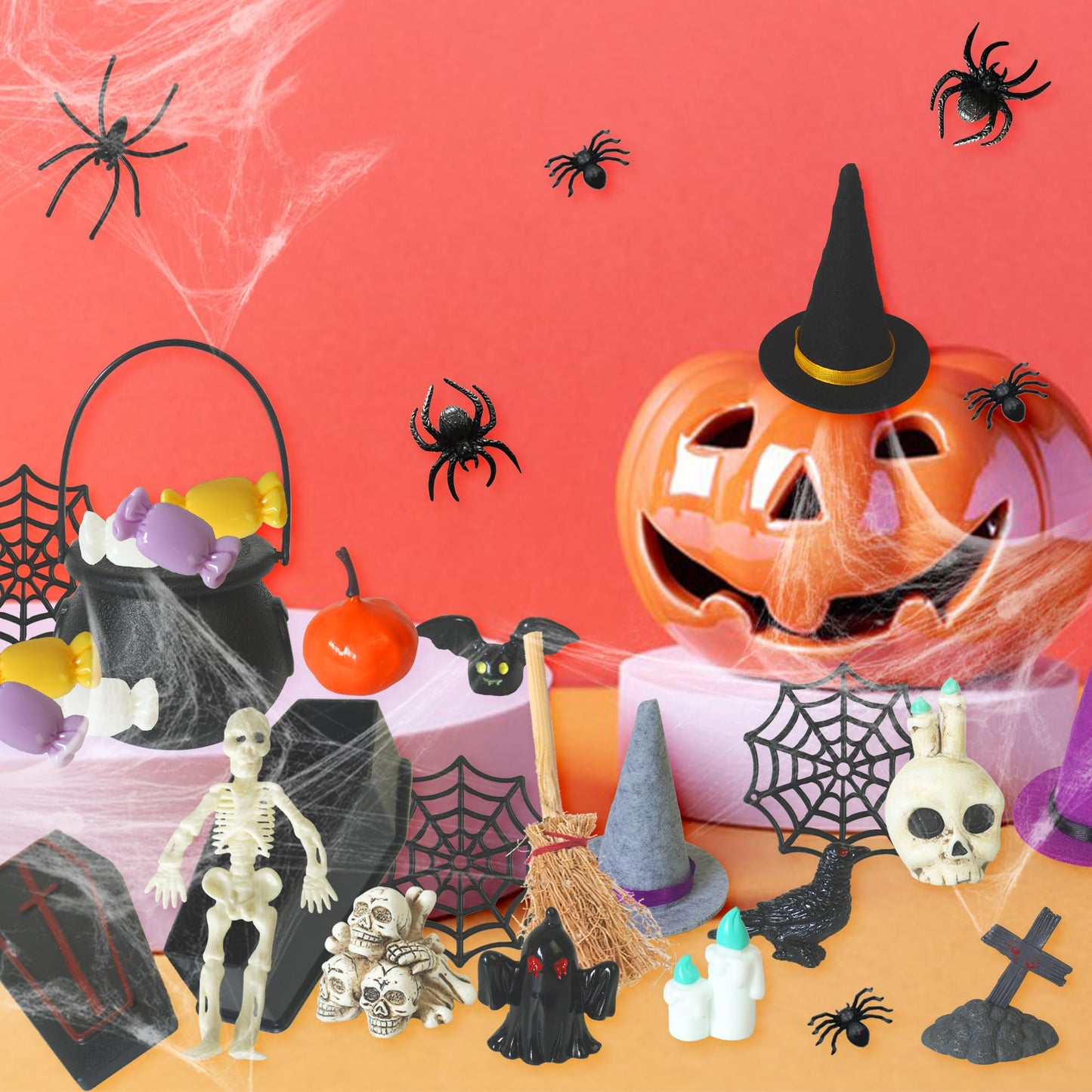 ZXSWEET Halloween Village Ornaments Accessories Desktop Decorations Witch Hat Coffin Skeleton Spider Pumpkin for Halloween Party Tabletop Decoration Supplies