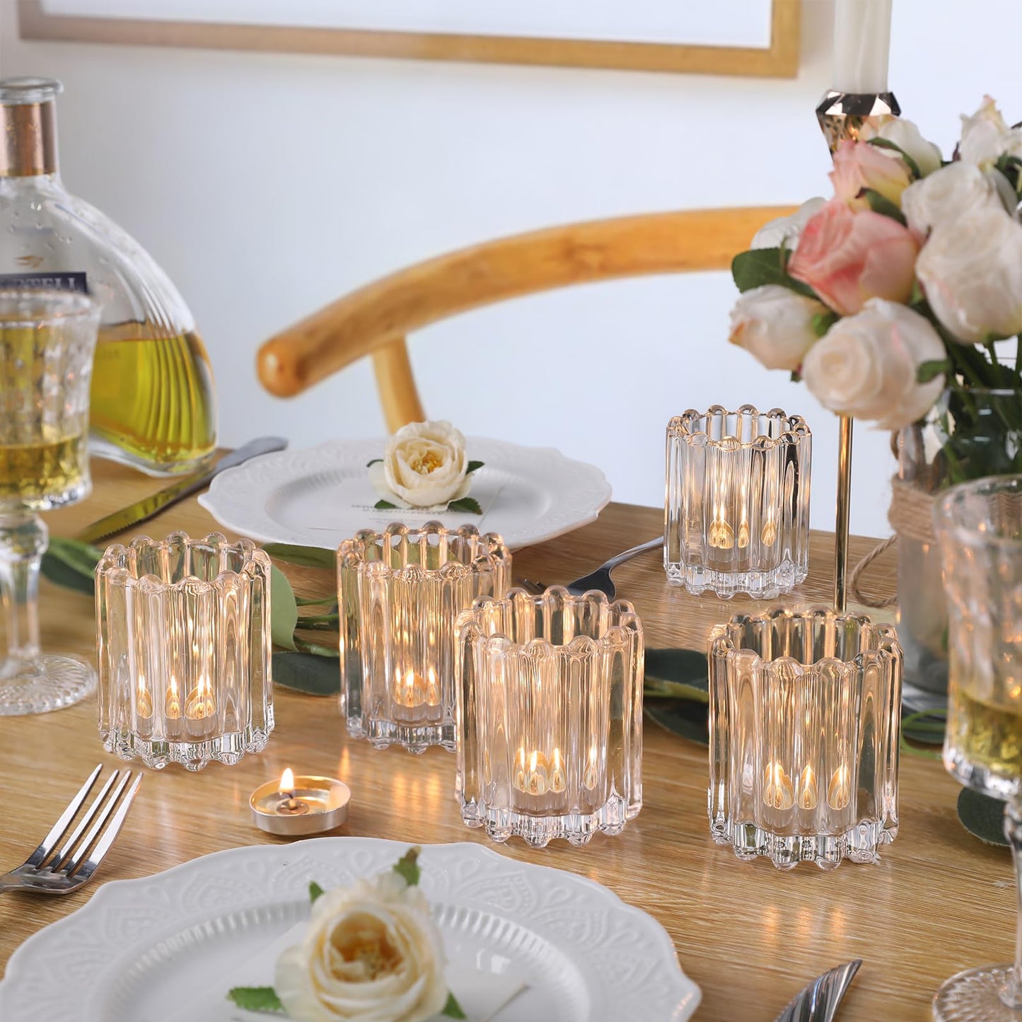 HAVITI Glass Clear Votive Candle Holder, Ribbed Votive Candle Holders Set of 12, Tealight Candle Holder for Wedding Centerpieces Dinner Party Table Decor